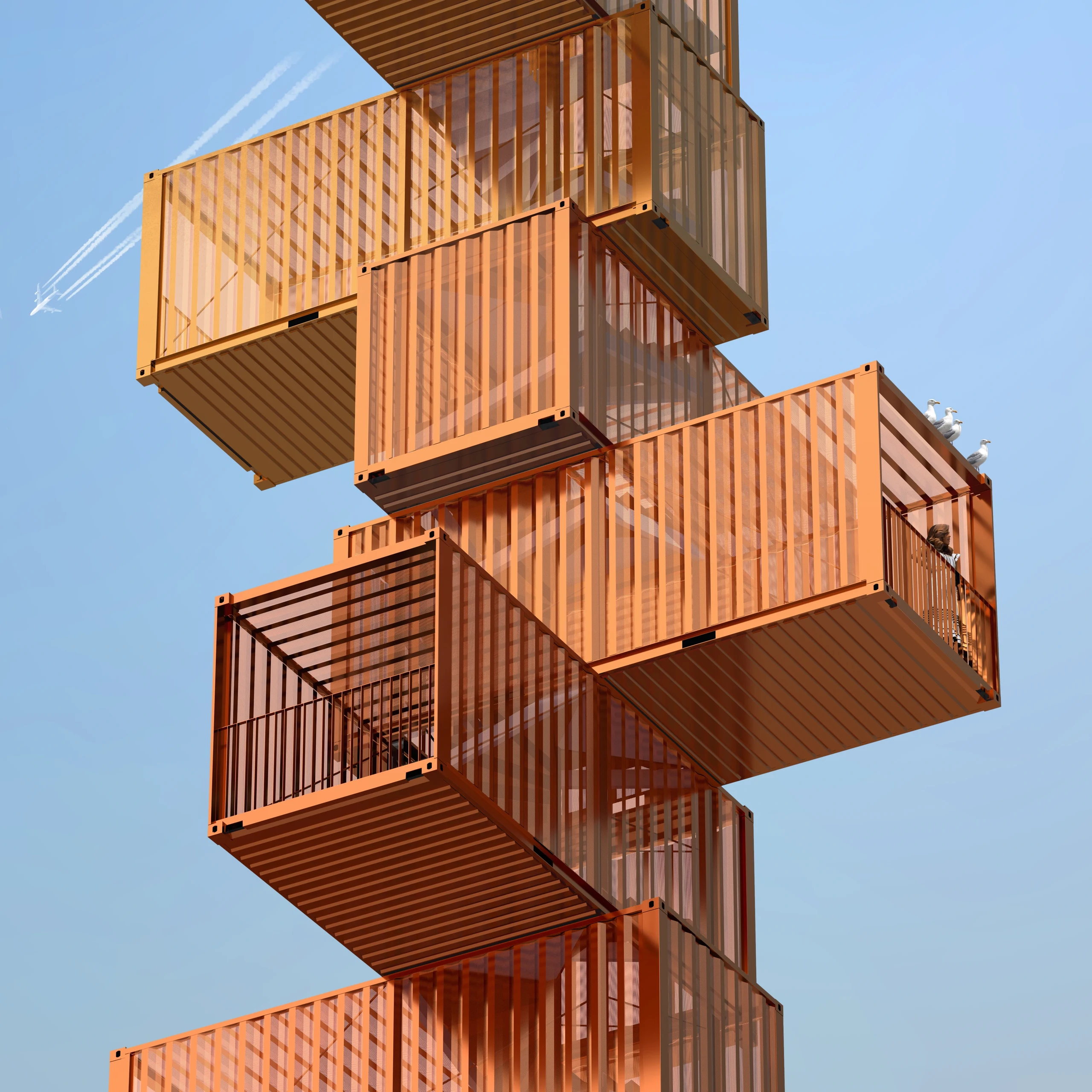 Close view of the tower’s rotated rooms and warm perforated metal facade