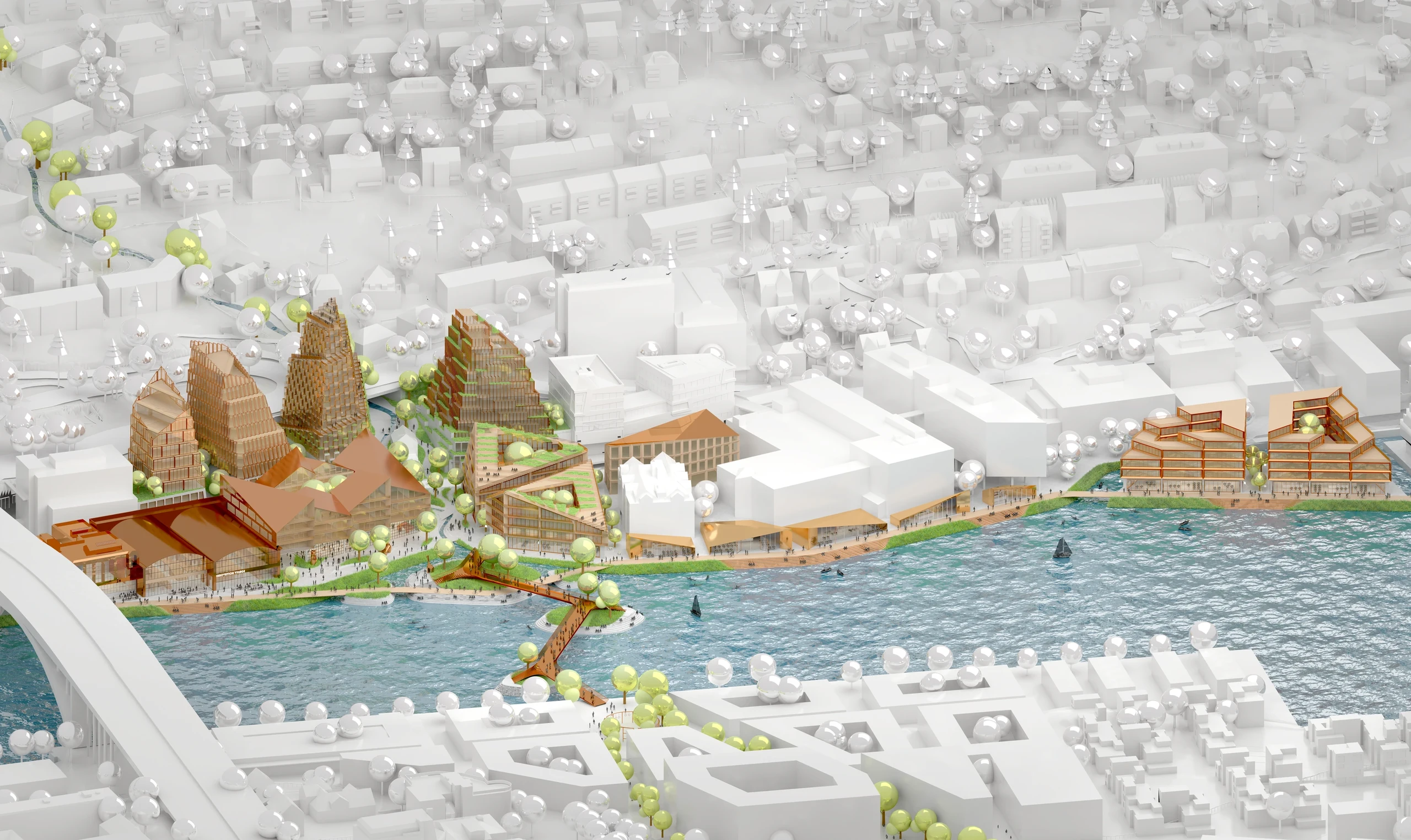 Complete axonometric of Fjorden’s mixed-use waterfront masterplan