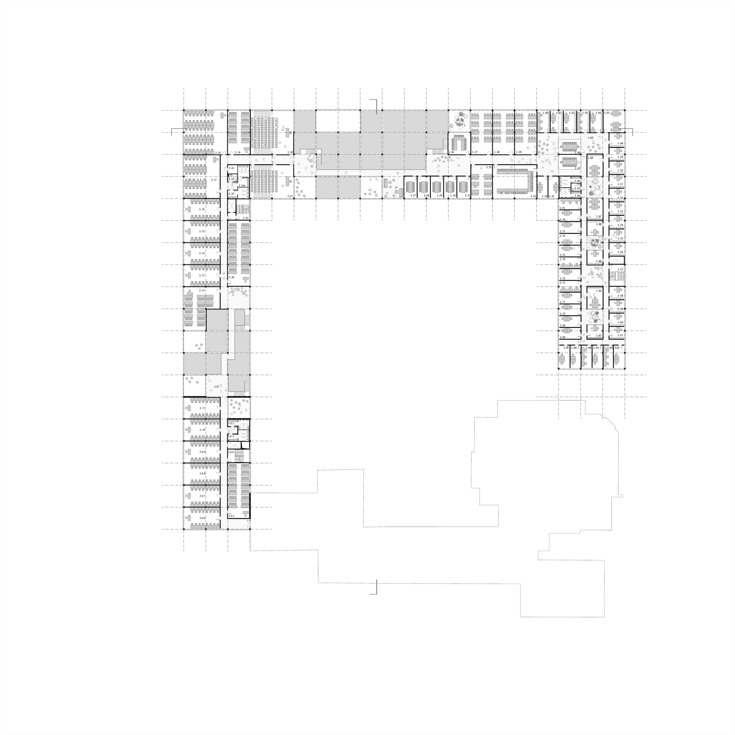 Complete third-floor plan showing research and teaching laboratories, staff and meeting rooms