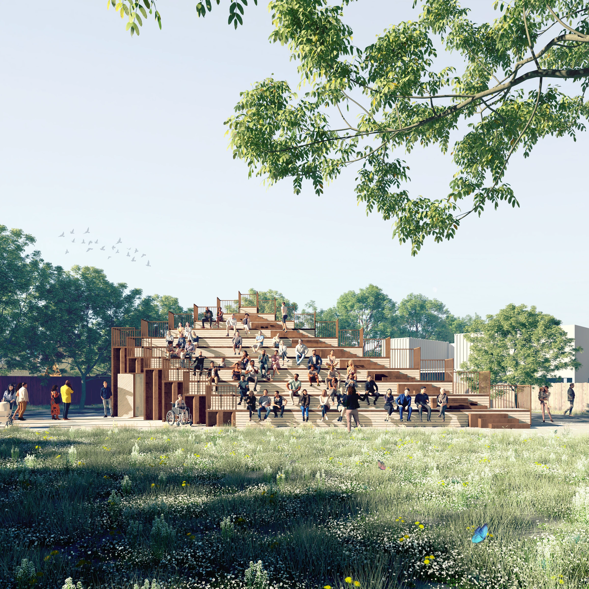 Proposed roof auditorium with people gathered on steps overlooking green public space