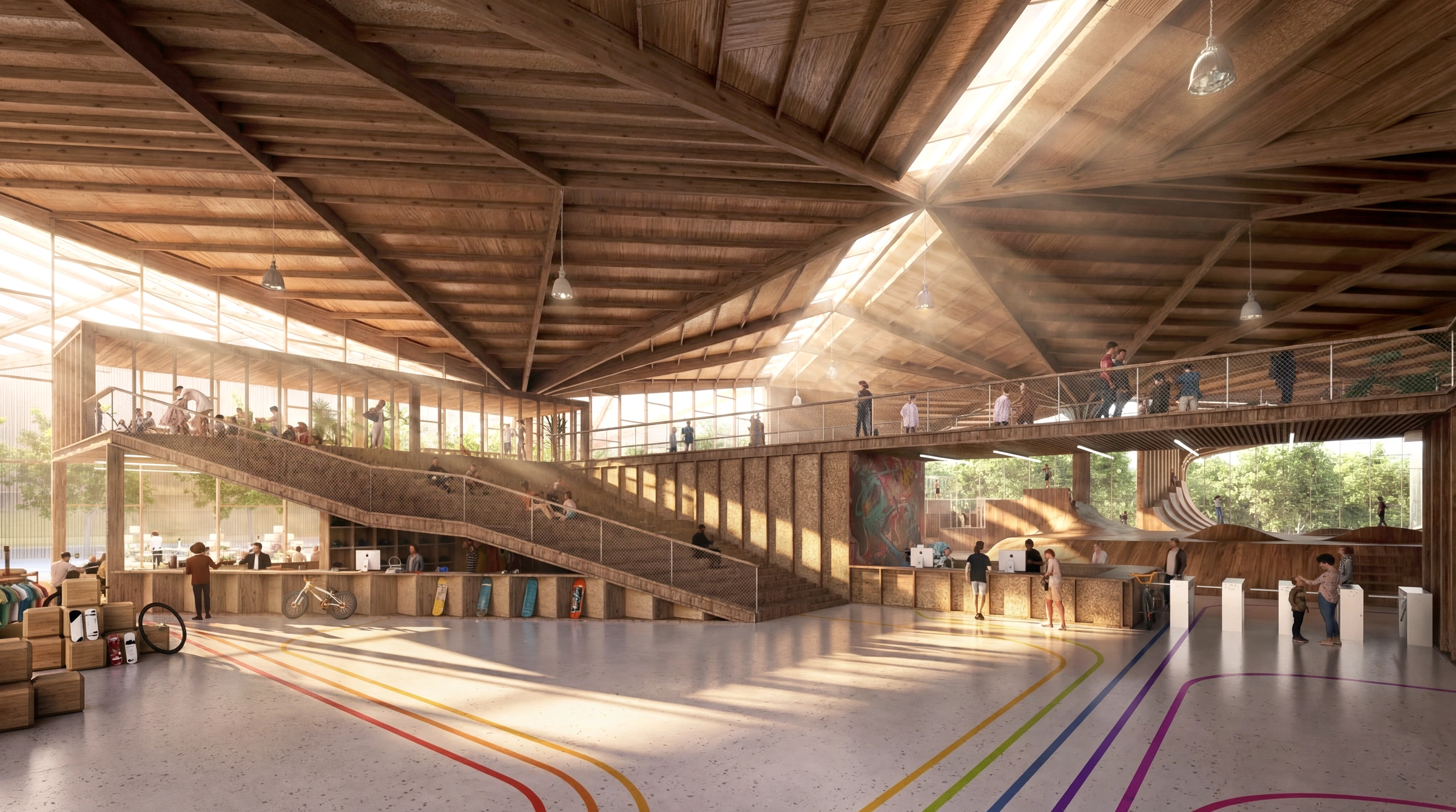 Sunlit proposed sports center lobby with shared steps, spectator gallery and folded roof