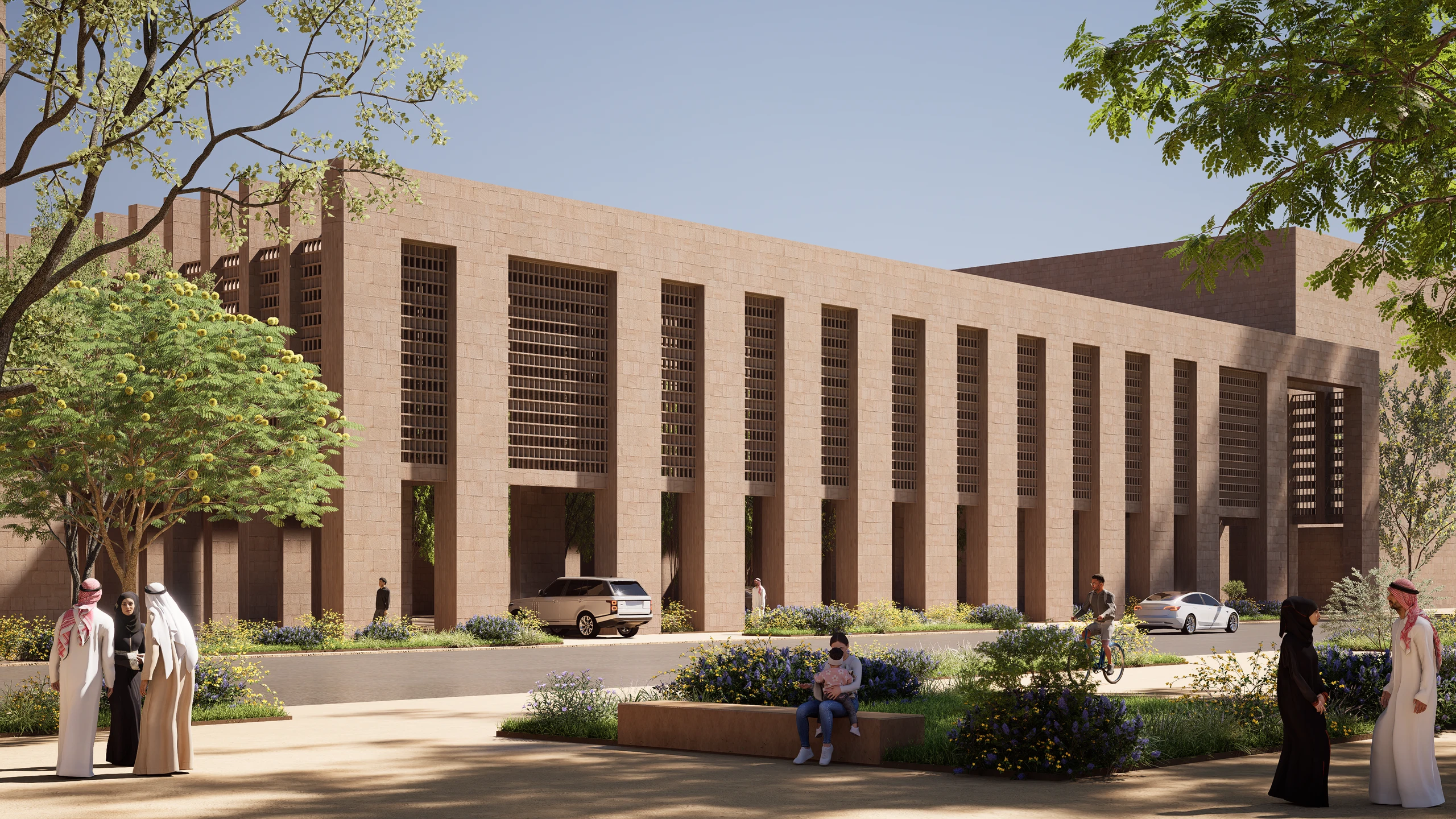 Latest rear approach render showing the mosque enclosure and arrival plaza facing the neighbourhood