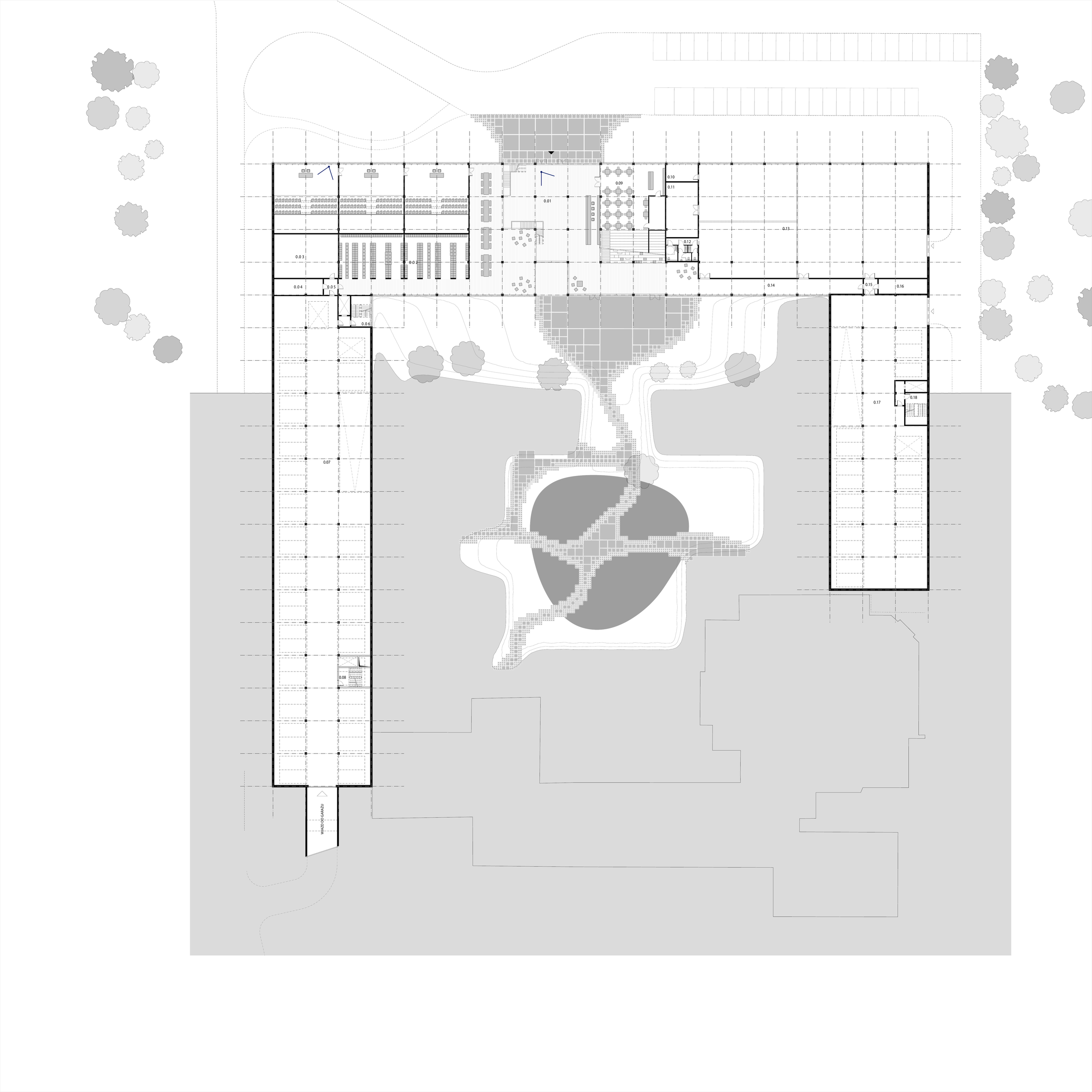 Complete ground-floor plan with entrance hall, cafe, workshop and simulator laboratory