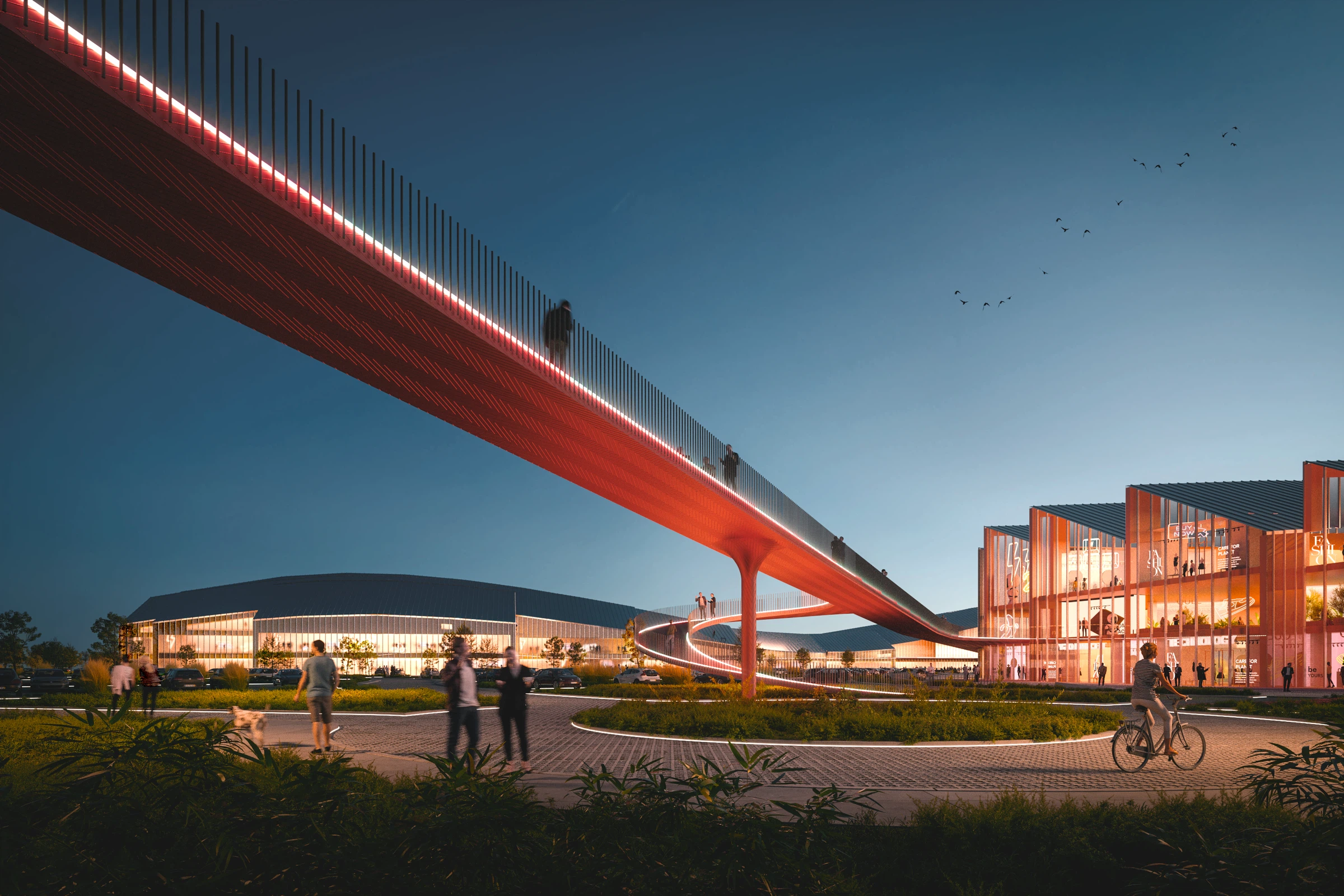 Night concept render of the illuminated pedestrian bridge and glazed commercial frontage