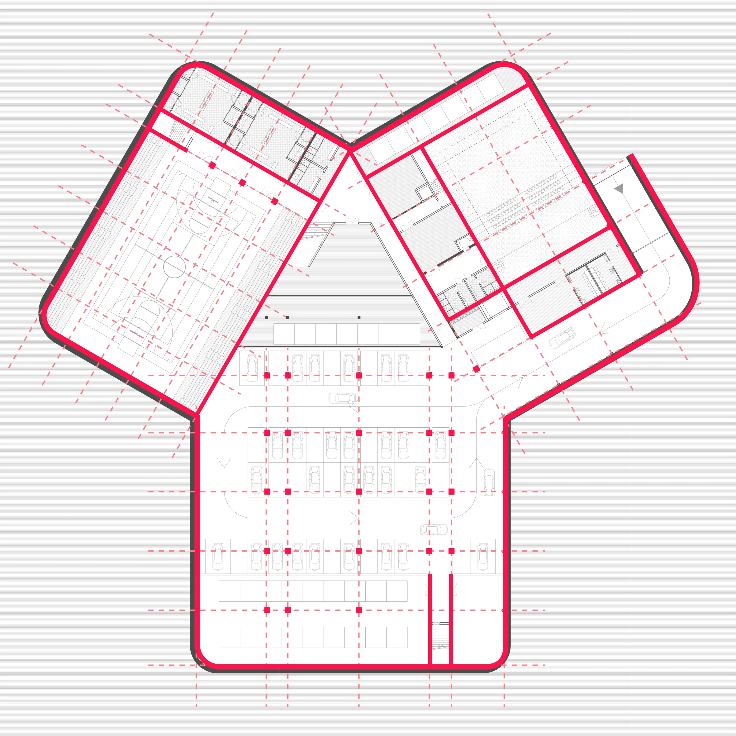 Complete basement structural grid overlay for the Forest Nexus, retaining source linework