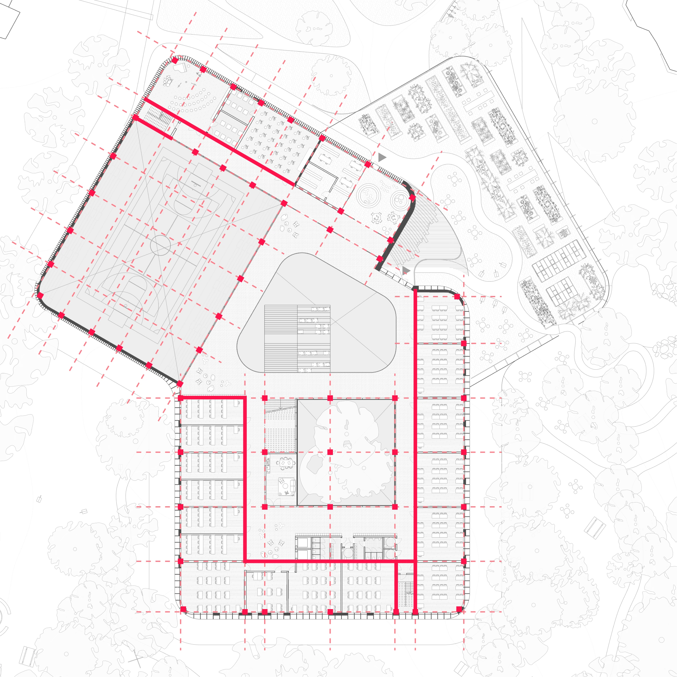 Complete floor 01 structural grid overlay for the Forest Nexus, retaining source linework