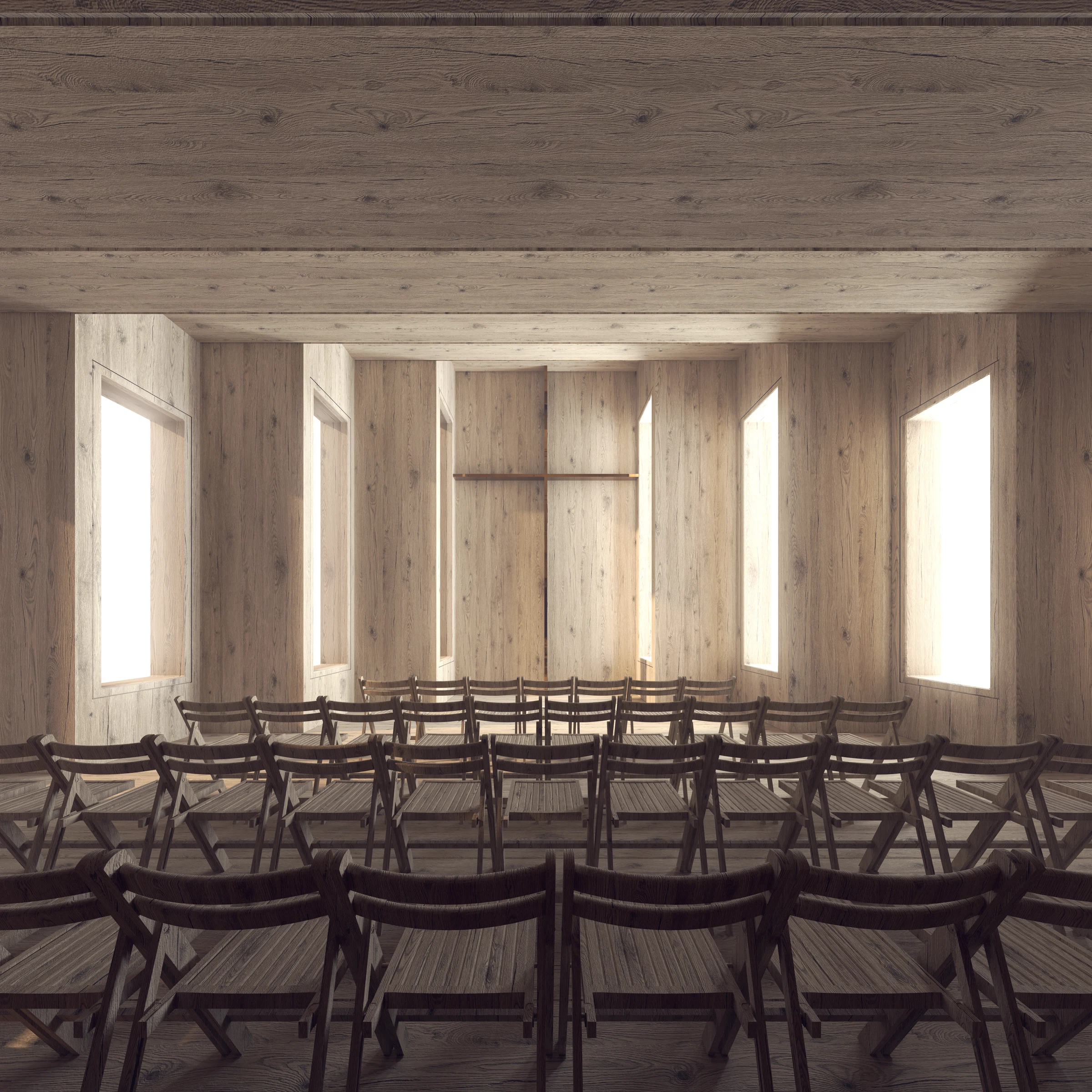 Timber-lined proposed chapel interior with chairs, cross and tall windows
