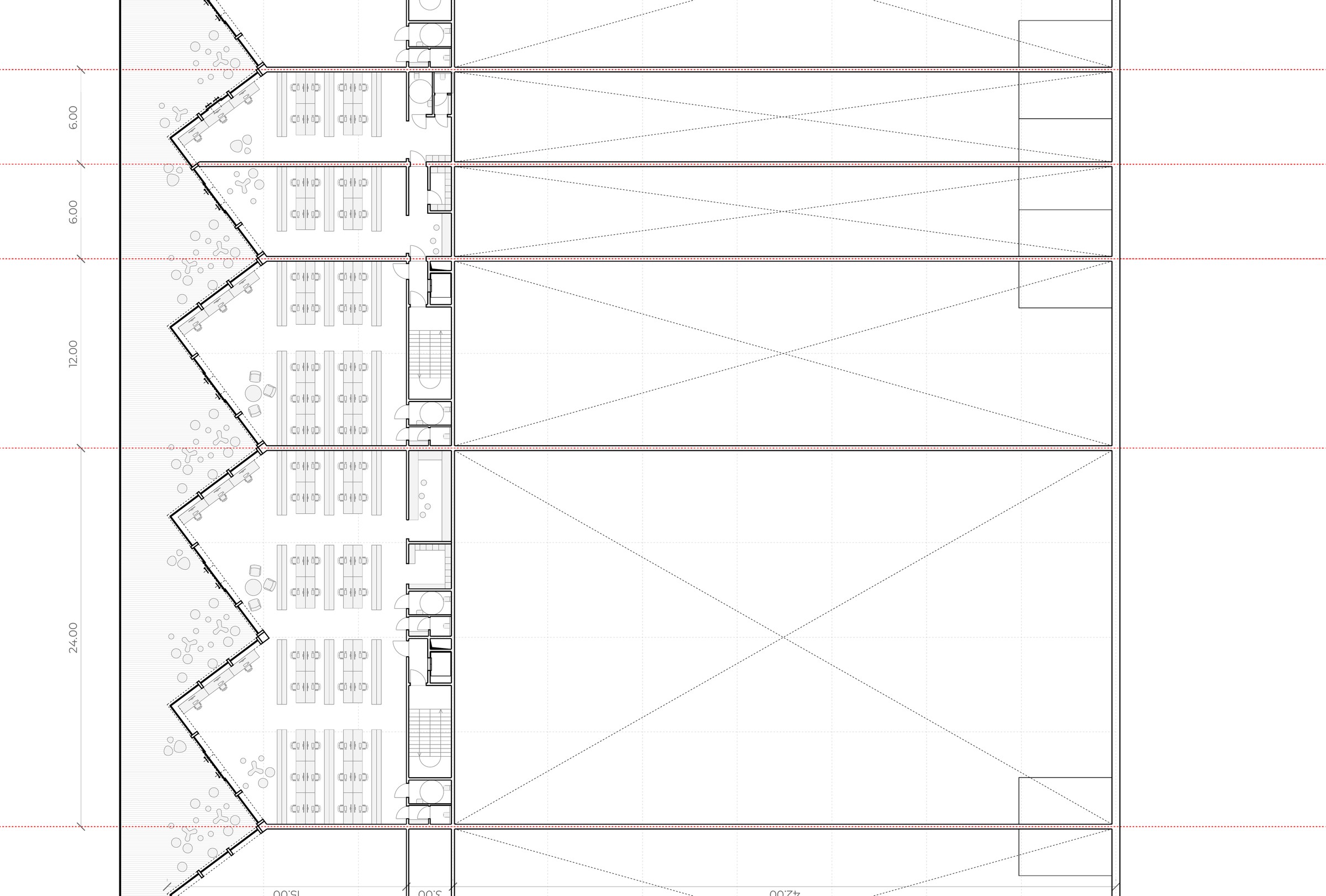 Complete authored typical first-floor panel retaining offices, storage volume and dimensioned bays