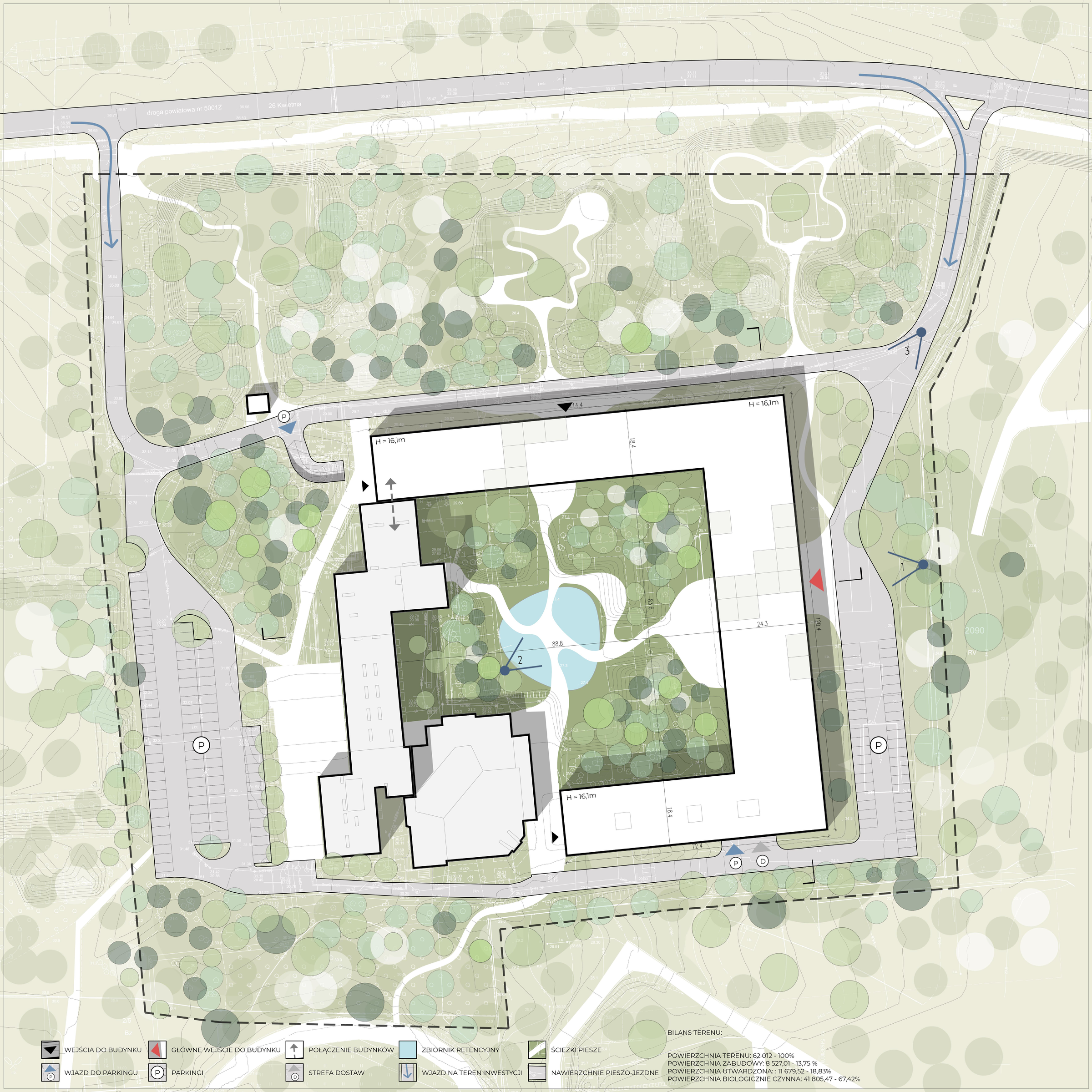 Complete site plan showing the proposed faculty around the retained green campus core