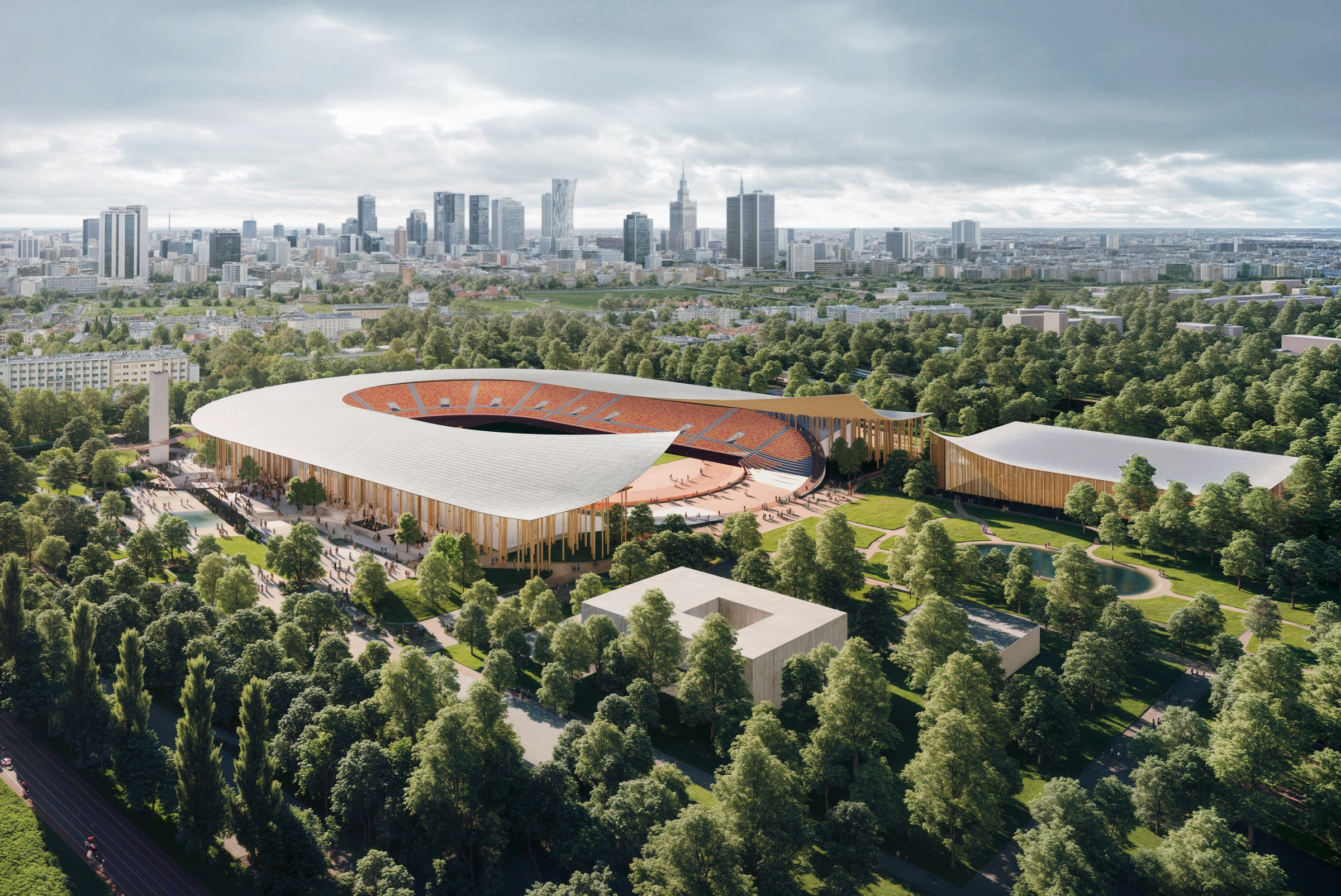 Front aerial of the proposed SKRA athletics stadium and companion sports hall