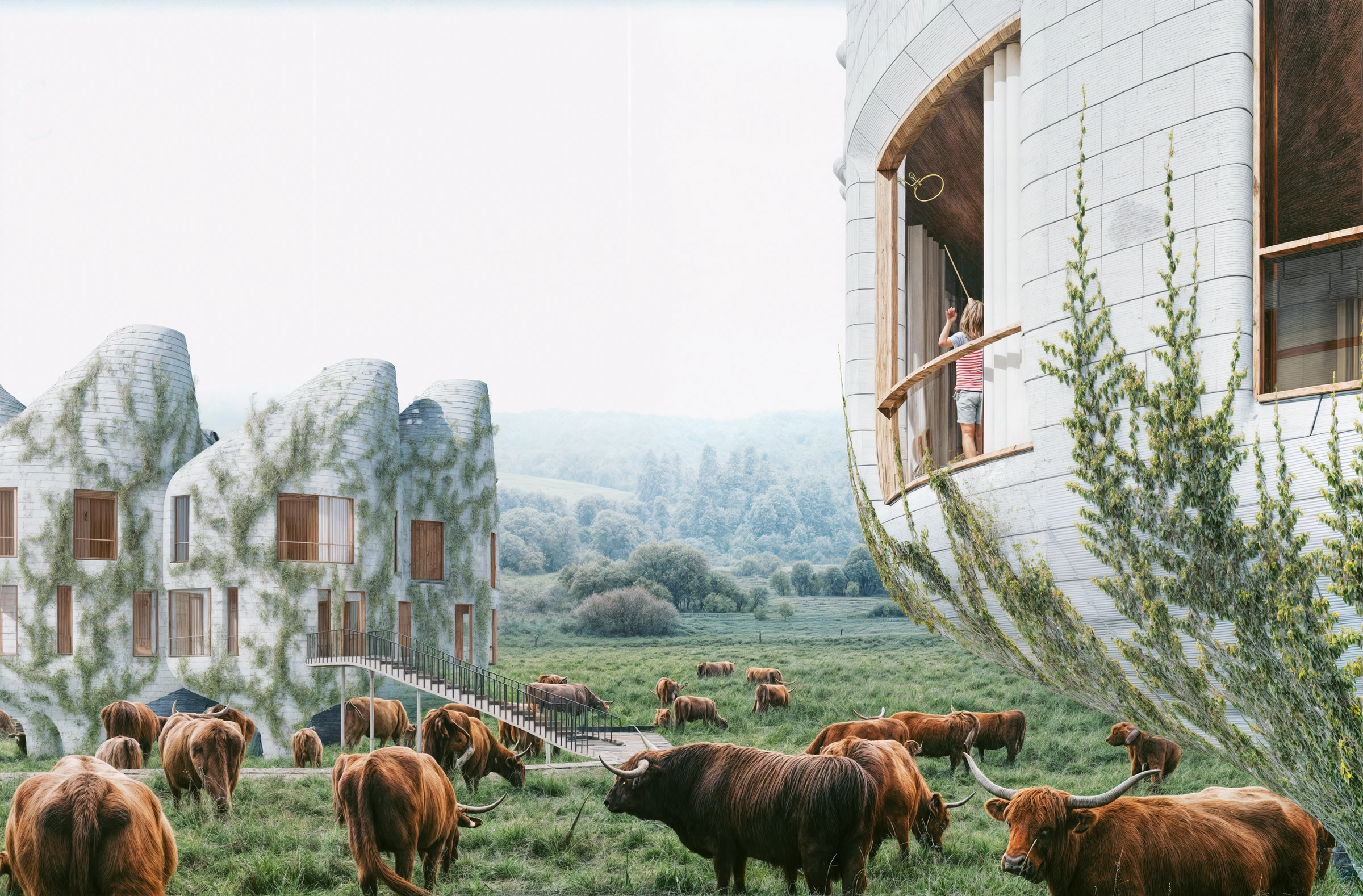 Housing alongside a productive landscape — architectural visualisation.