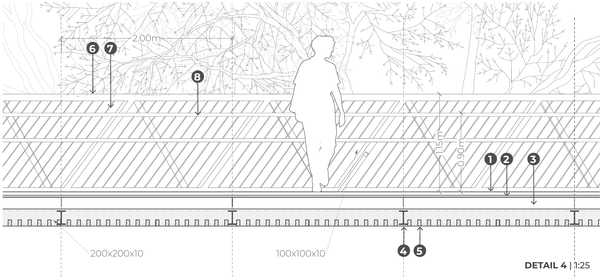 Presentation board 2 · Detail 4: approach chord, handrail, steel deck and timber soffit.