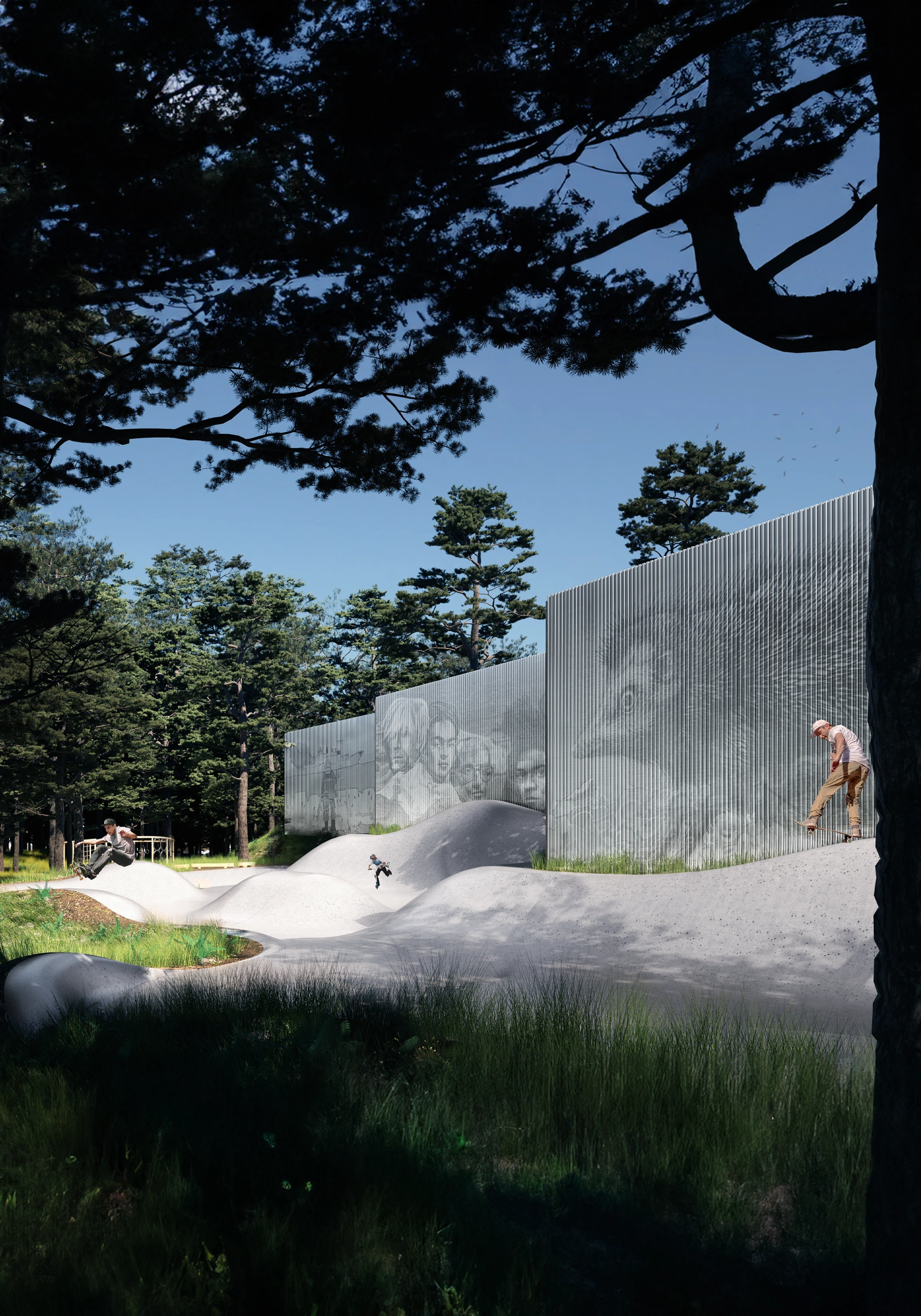 Proposed outdoor skate landscape beside the Extreme Sports Center facade in Vilnius
