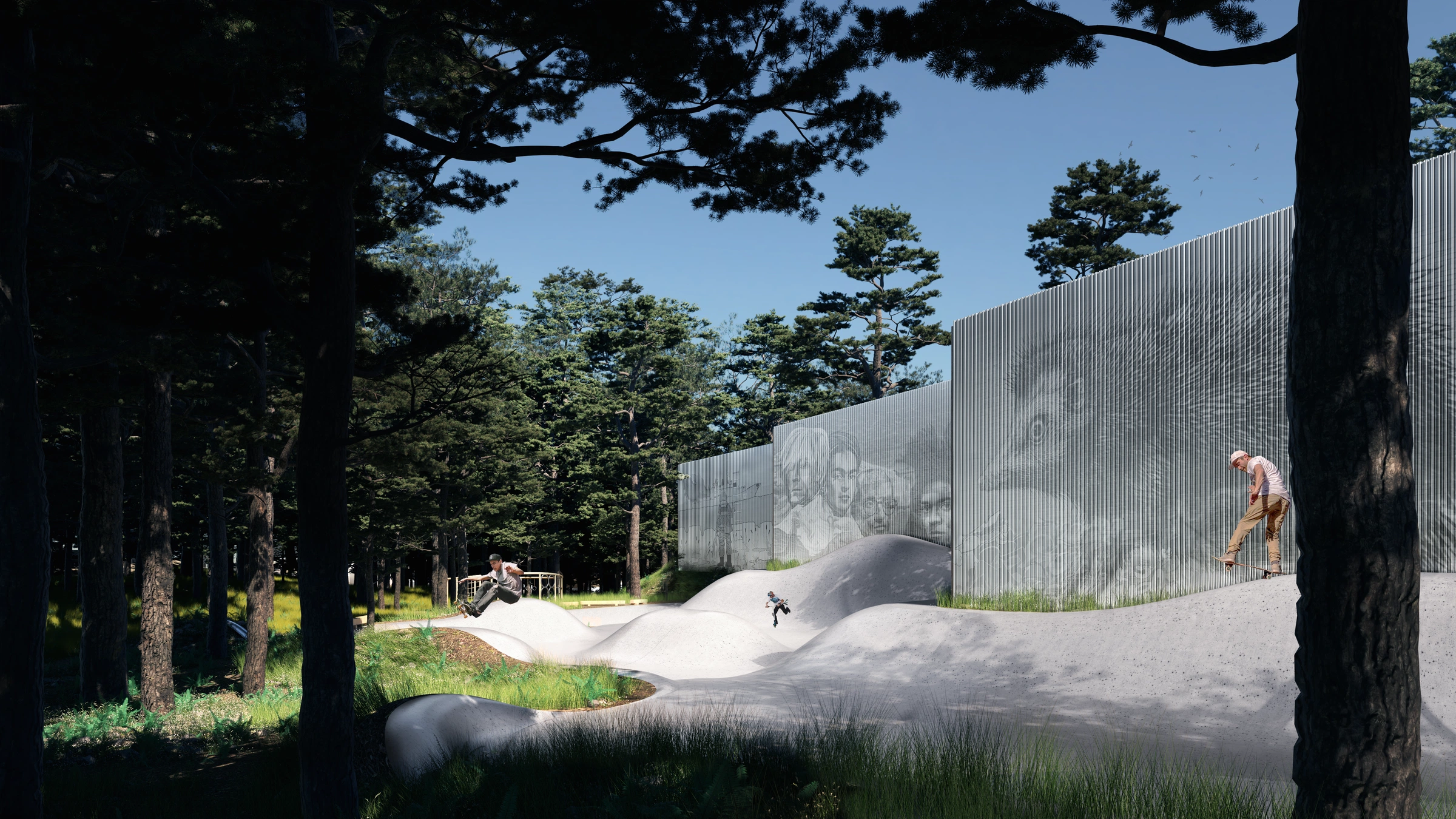 Proposed outdoor skate bowls beside the sports center and forest