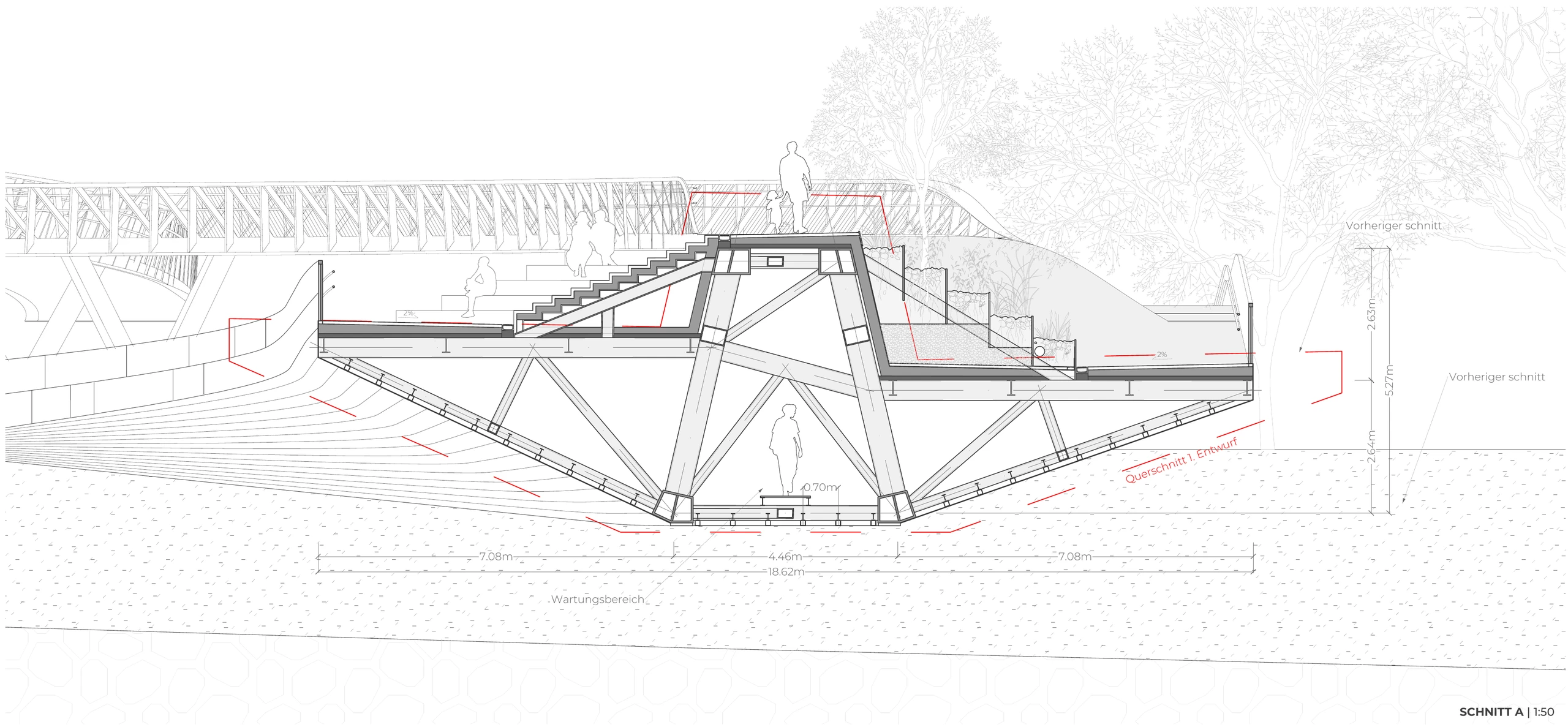 Presentation board 2 · inhabited main-bridge section; red overlay records an earlier profile.