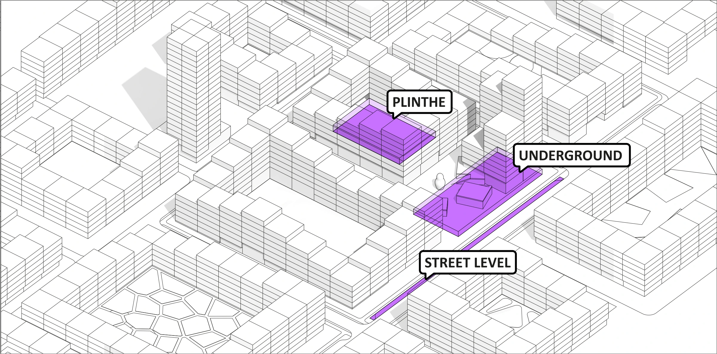 Axonometric diagram highlighting the ground-floor commercial programme