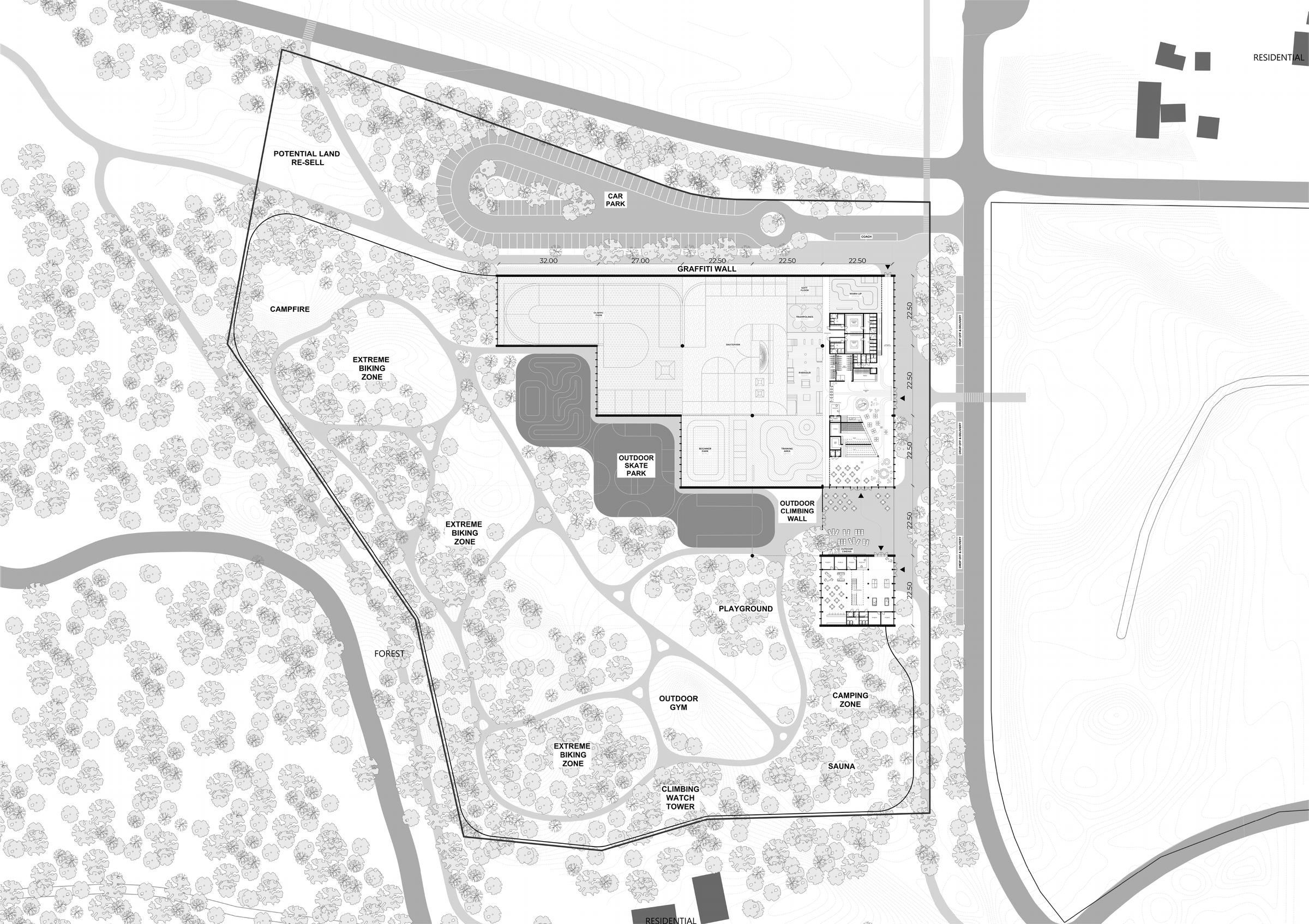 Complete ground-floor drawing of the proposed sports center and adjoining site