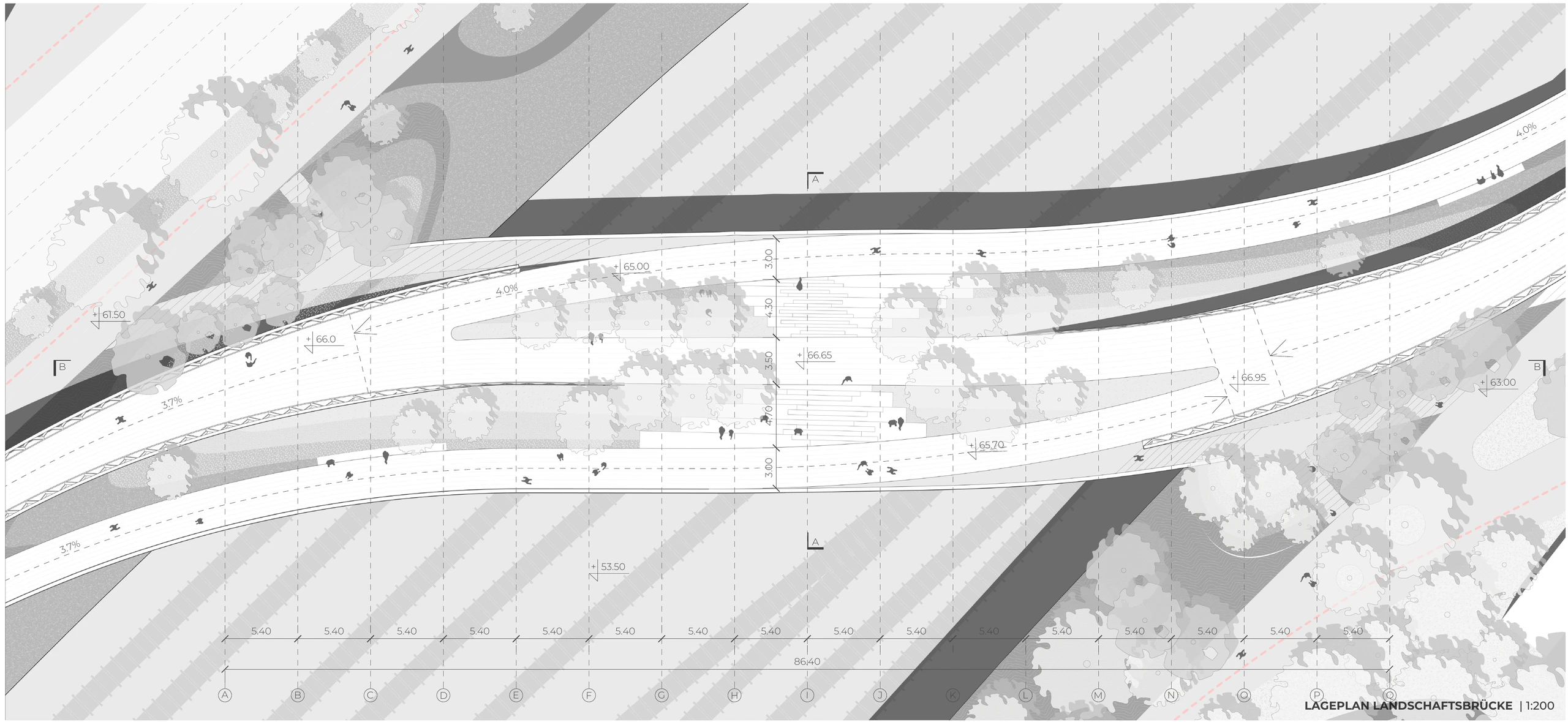 Presentation board 2 · garden-deck plan with paths, terraces, levels and structural grid.
