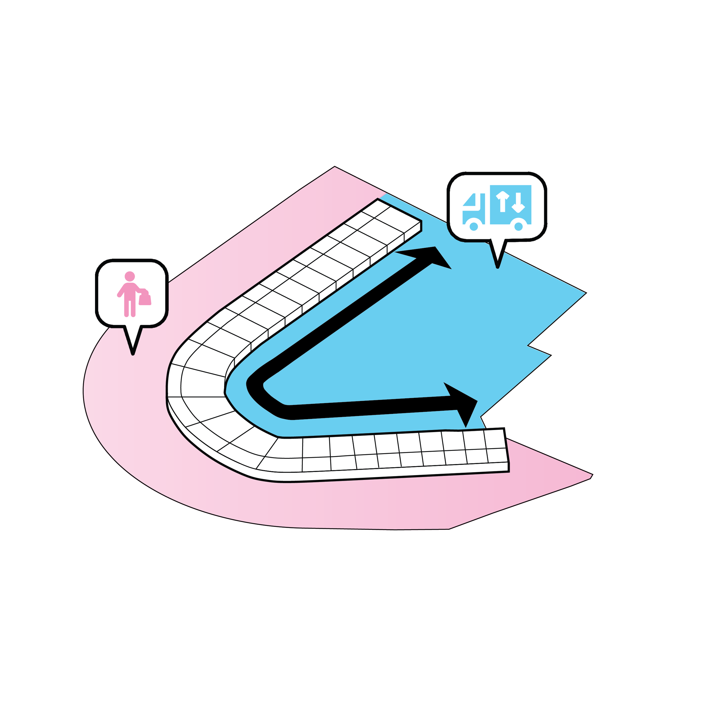 Complete diagram bending a retail and service strip to follow the site