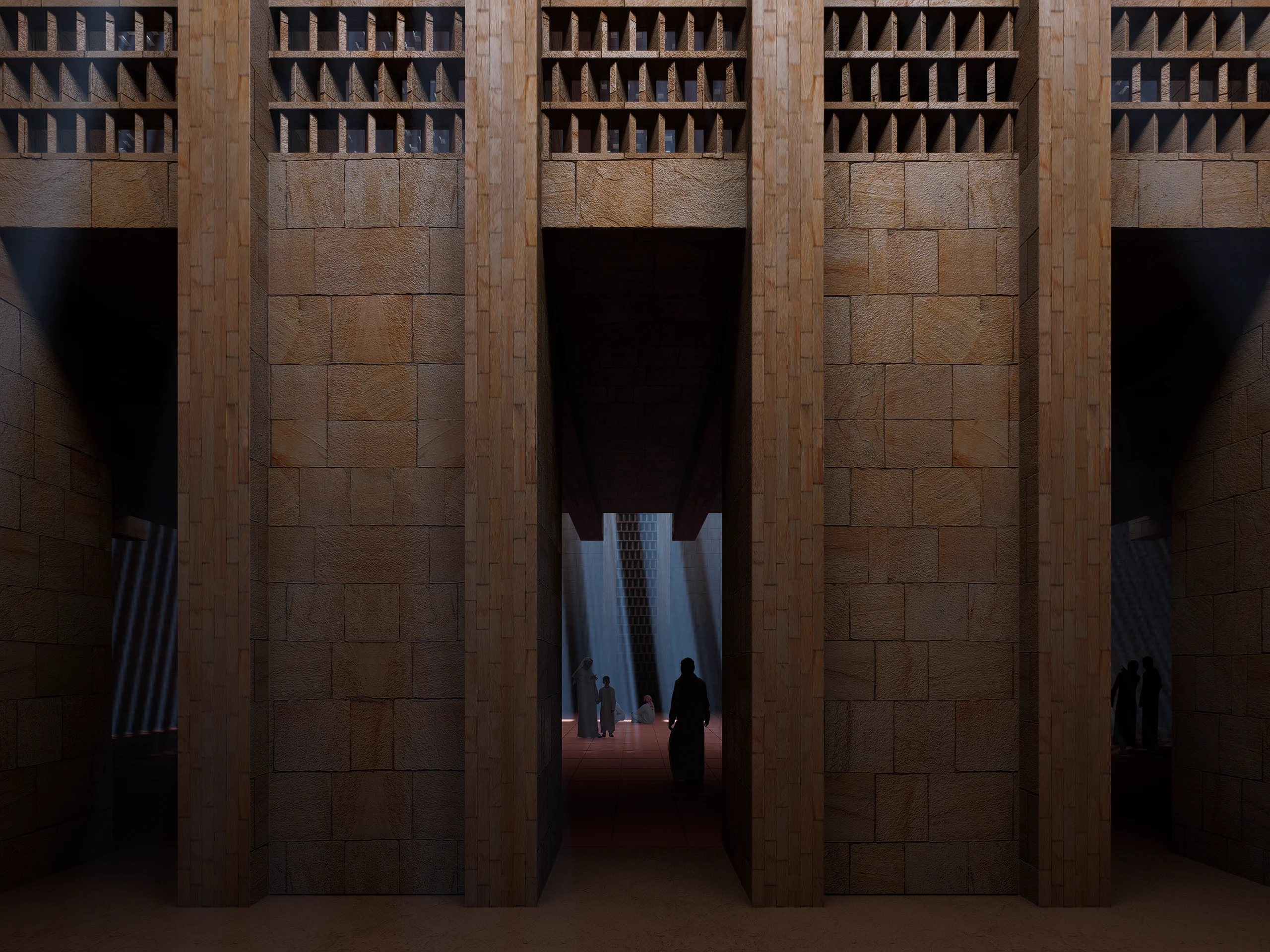 Latest interior approach render showing the mosque prayer hall, repeated roof structure and framed opening