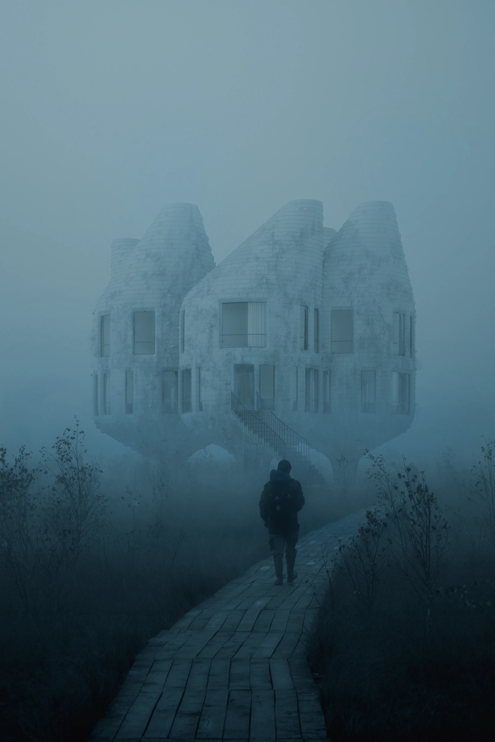 The approach through a meadow — architectural visualisation.