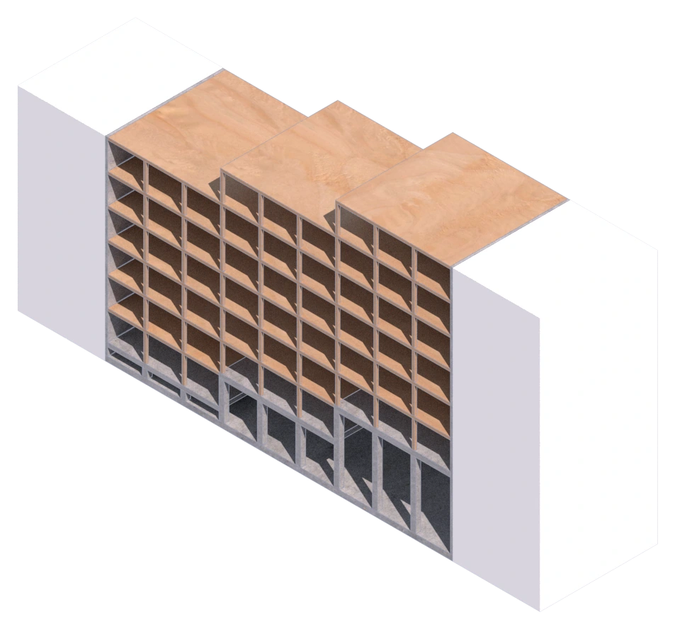 Axonometric of the central-access Superframe housing typology