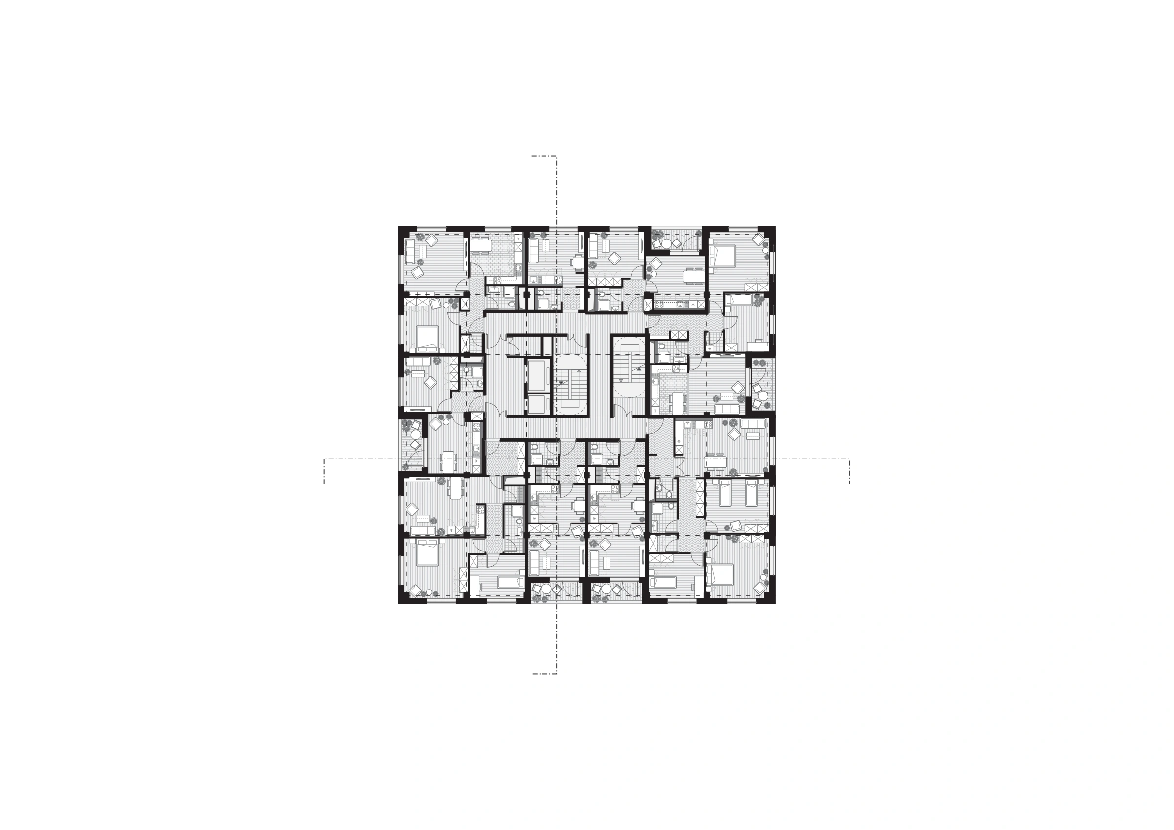 Typical residential tower floor plan around a central circulation core