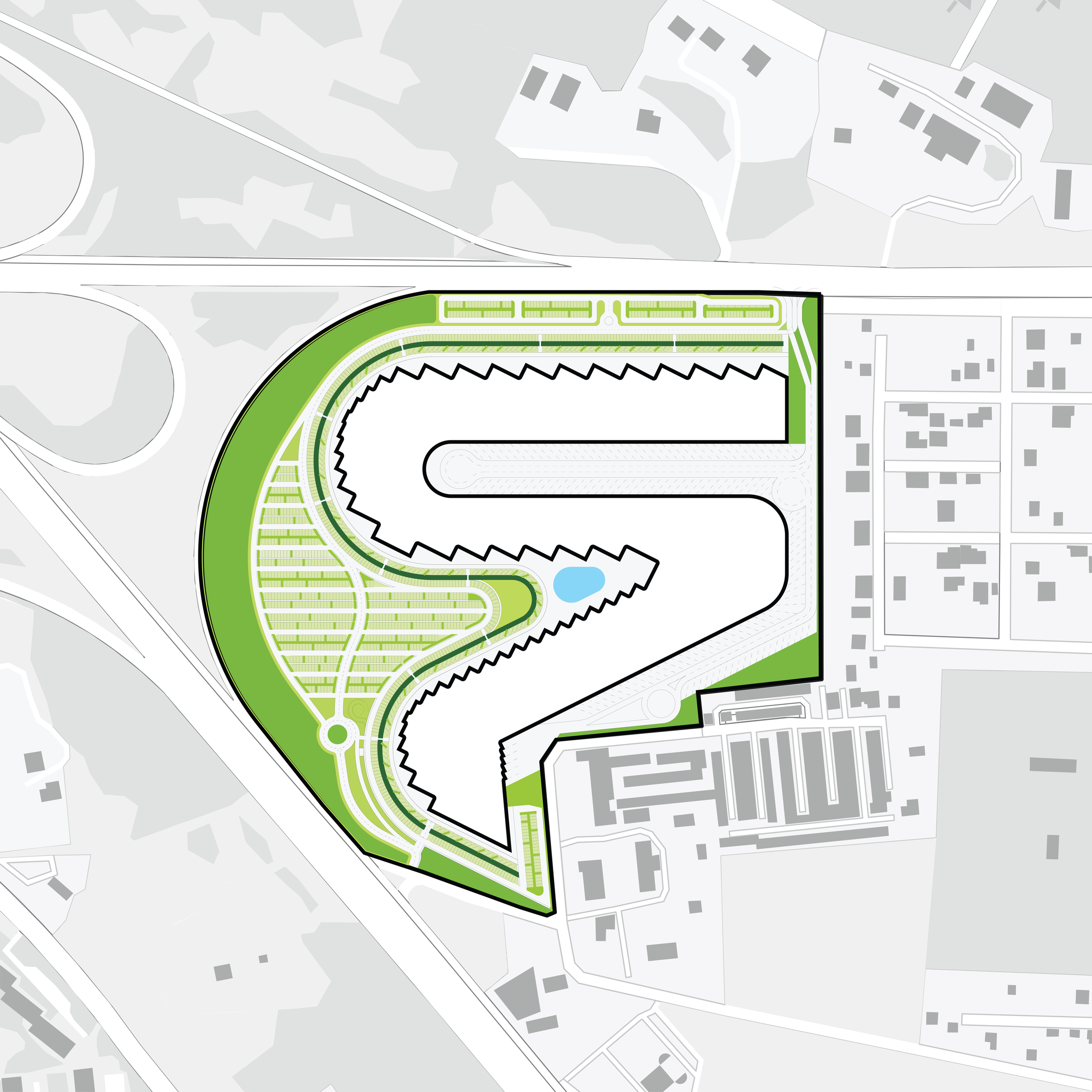 Complete source zoning diagram identifying planted edges, green parking and water landscape