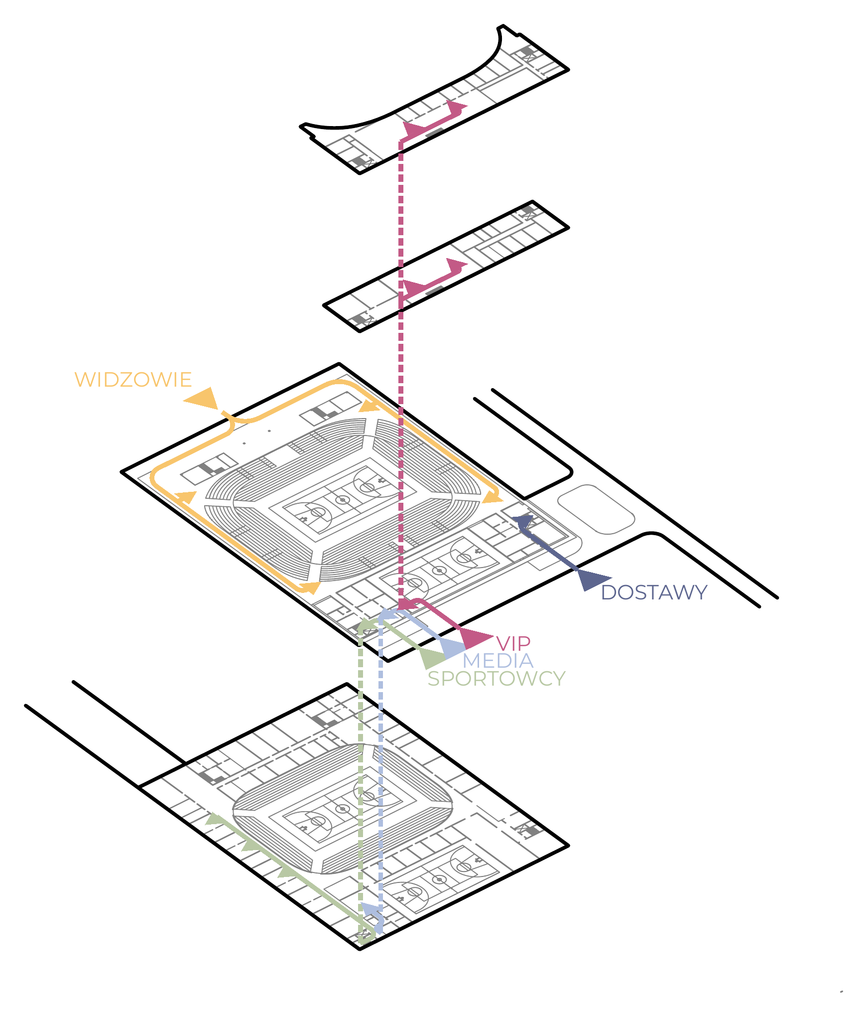 Complete SKRA sports hall axonometric showing differentiated user circulation