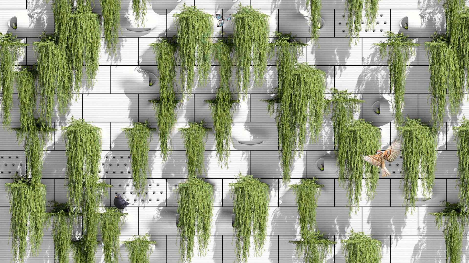 The biohabitat façade assembled as a continuous planted wall — research visualisation.