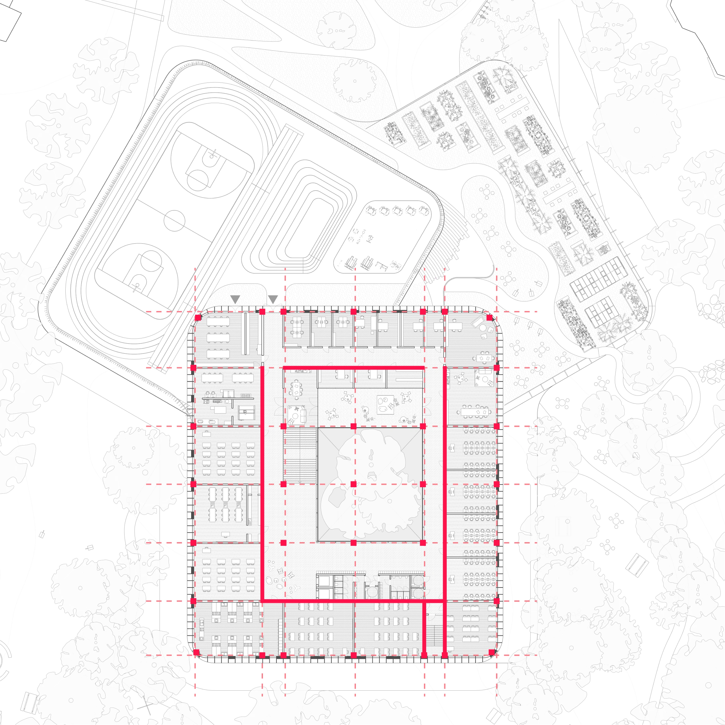 Complete floor 02 structural grid overlay for the Forest Nexus, retaining source linework