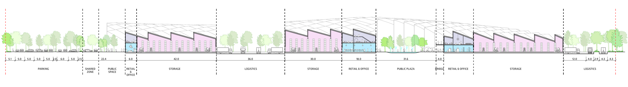 Complete authored longitudinal section panel showing retail, offices, storage, bridge and landscape