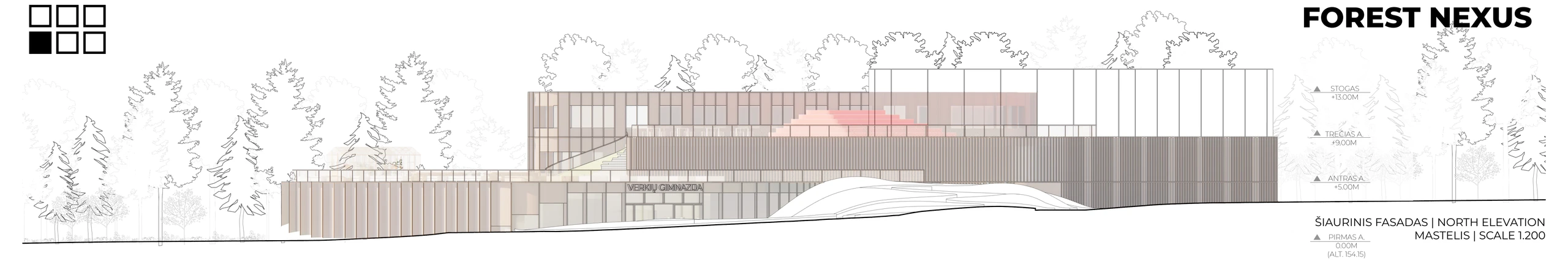 North elevation of the proposed Forest Nexus school, retaining source levels and annotations