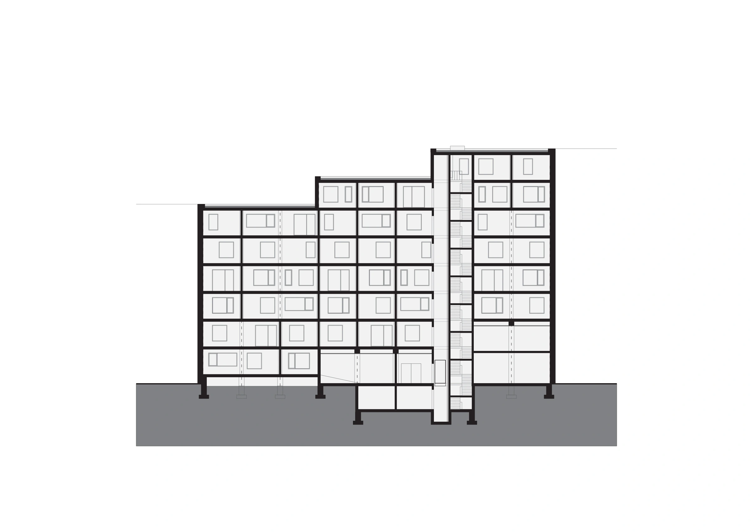 Complete section through central-access residential building