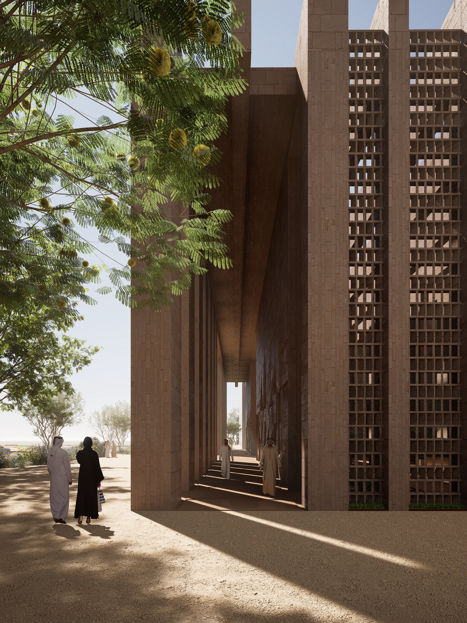 Latest render of the perimeter arcade showing repeated ribs, deep shade and the route beside AWFA Mosque
