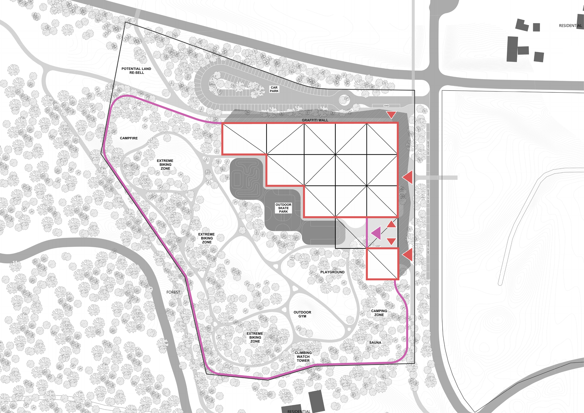 Complete source site diagram distinguishing park access, building entrances and private areas