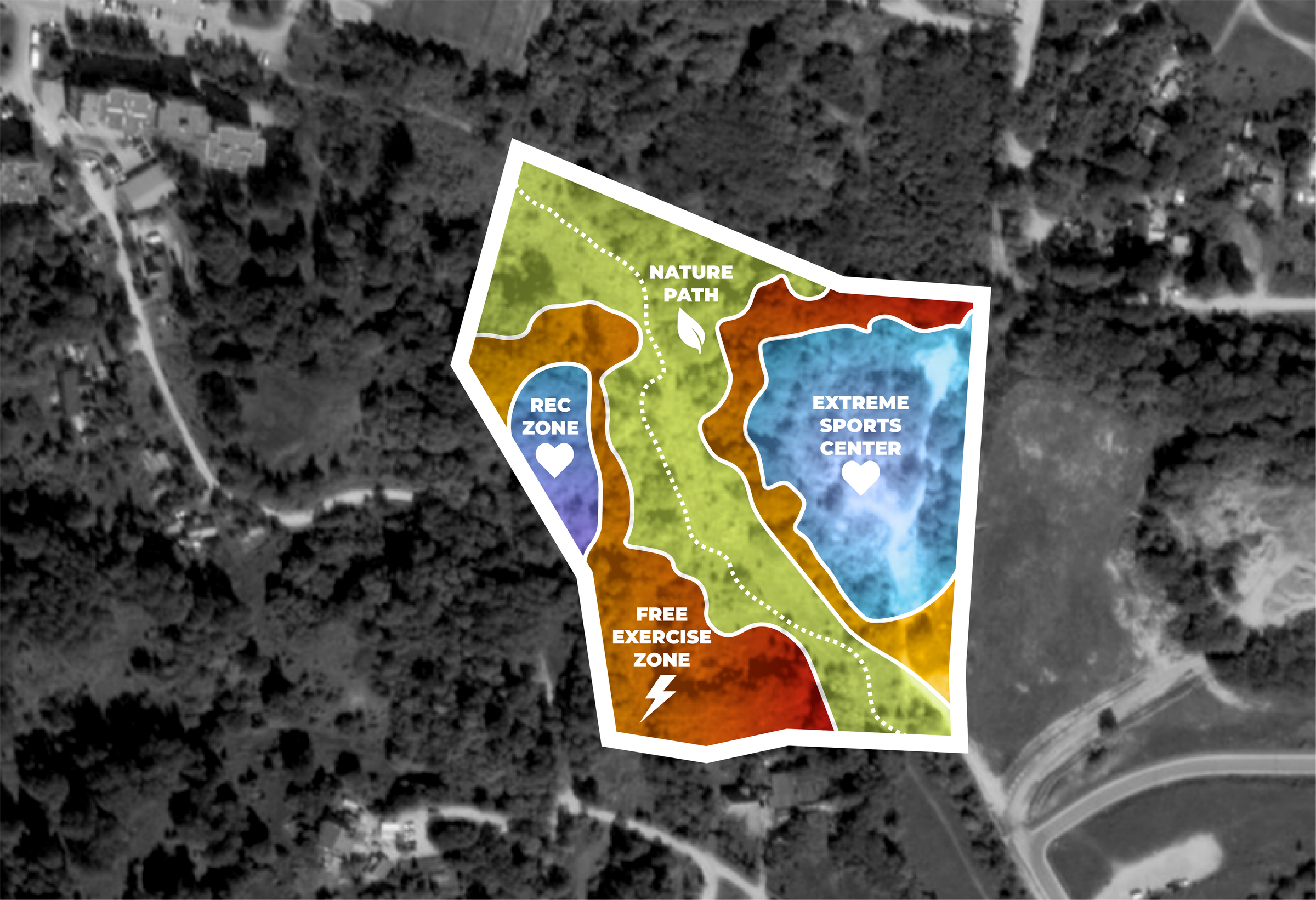 Complete conceptual site zoning for the sports center, nature path, recreation and free exercise