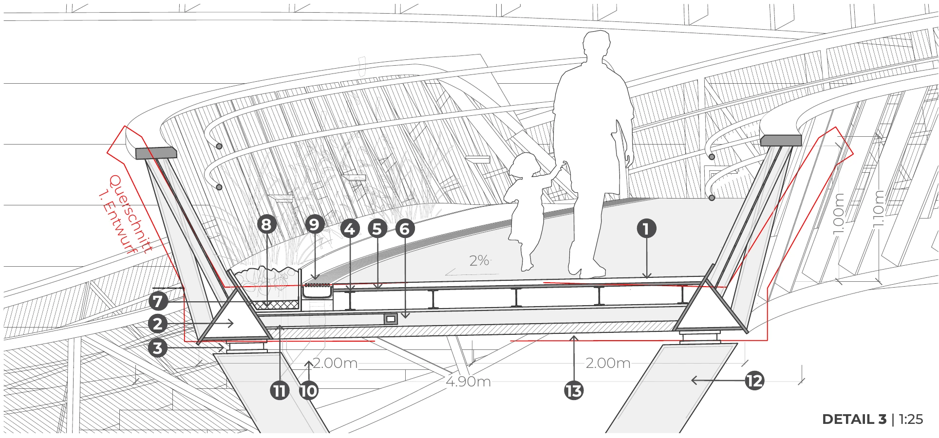 Presentation board 2 · Detail 3: approach bearing and Y support; red overlay is an earlier profile.