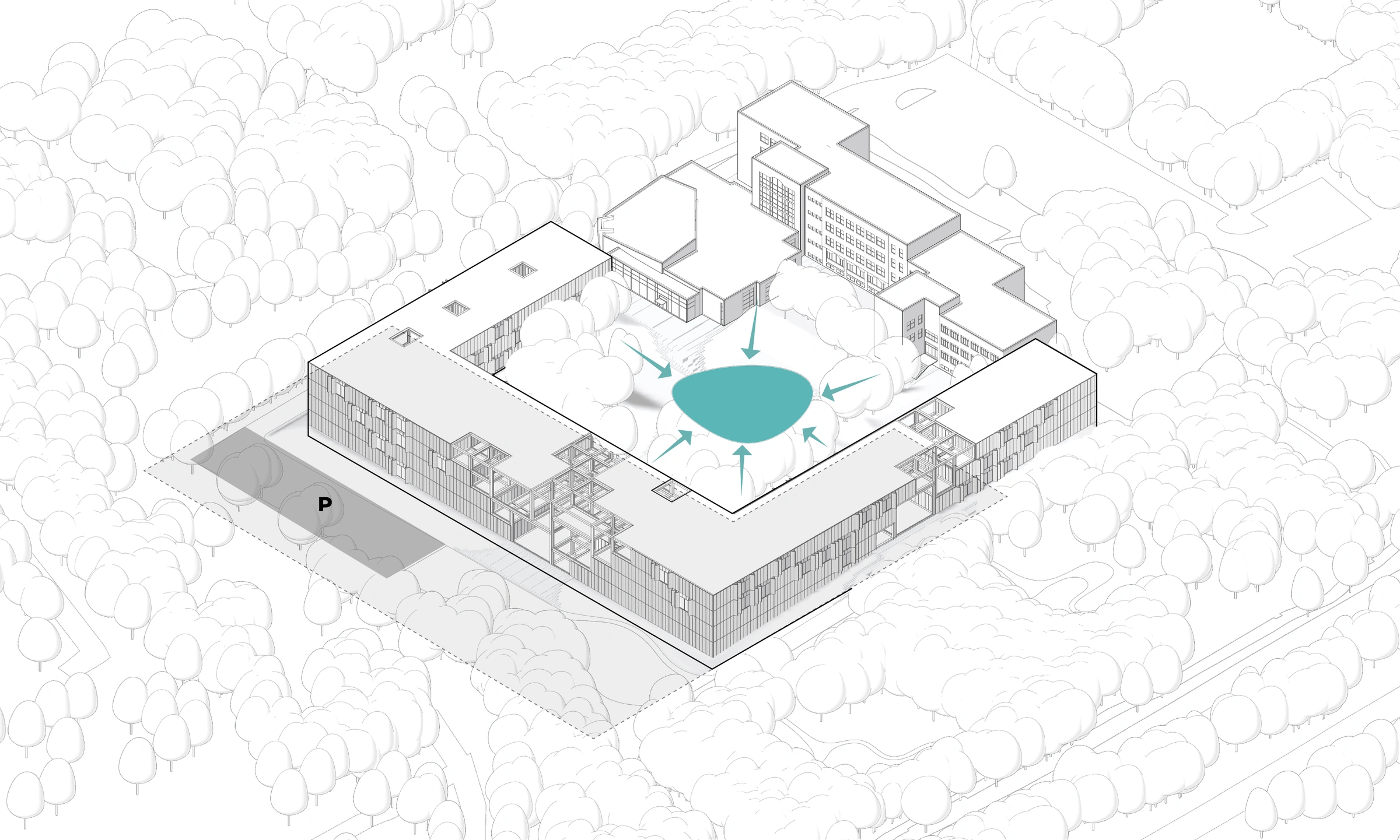 Complete environmental axonometric: terrain and water