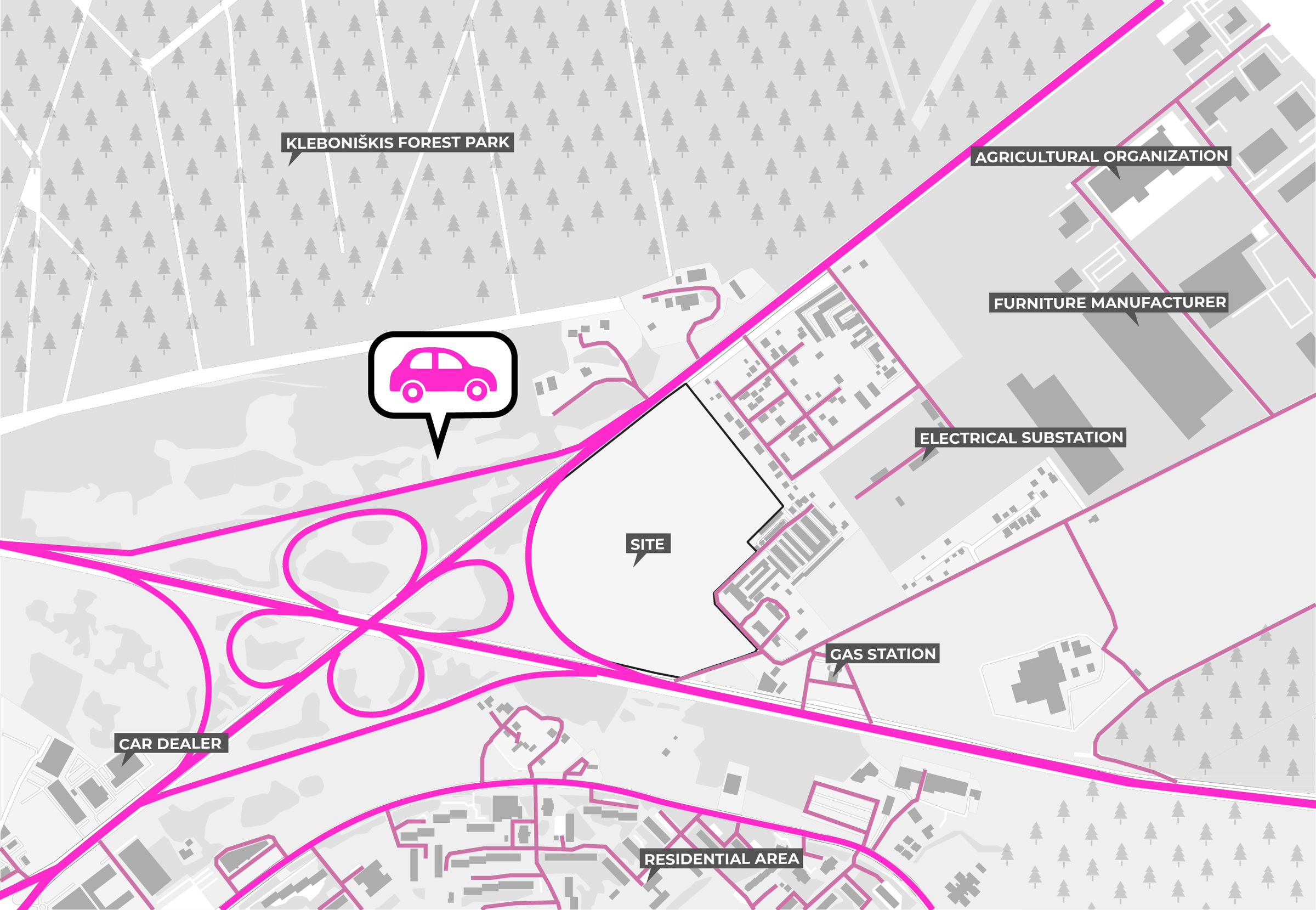 Source site diagram showing highway connections and car-oriented visibility around the Kaunas proposal