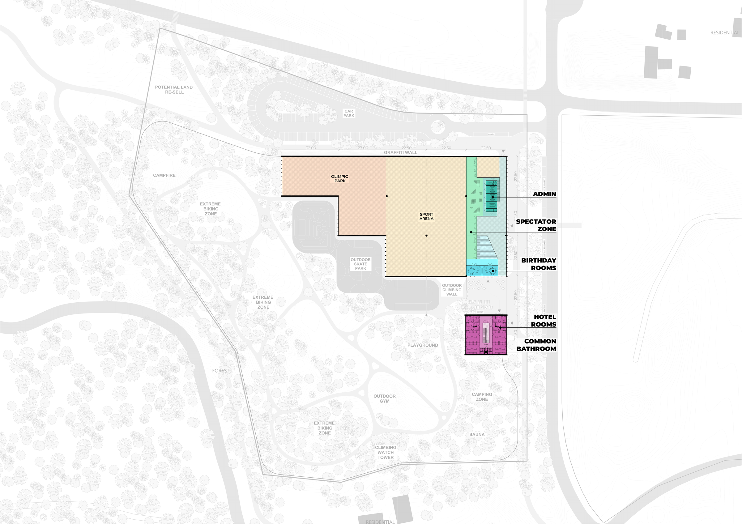 Complete annotated upper-level diagram retaining spectator, administration and accommodation labels