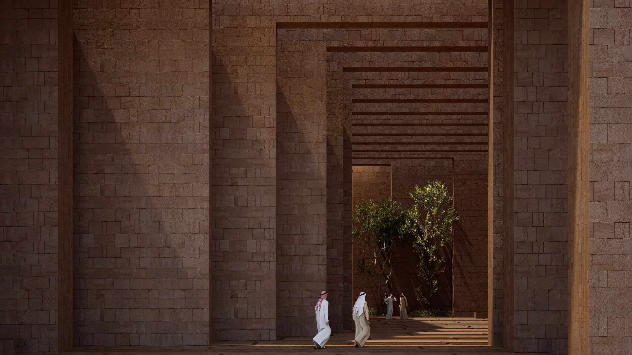 Latest portrait render showing the AWFA minaret and layered entrance gateway