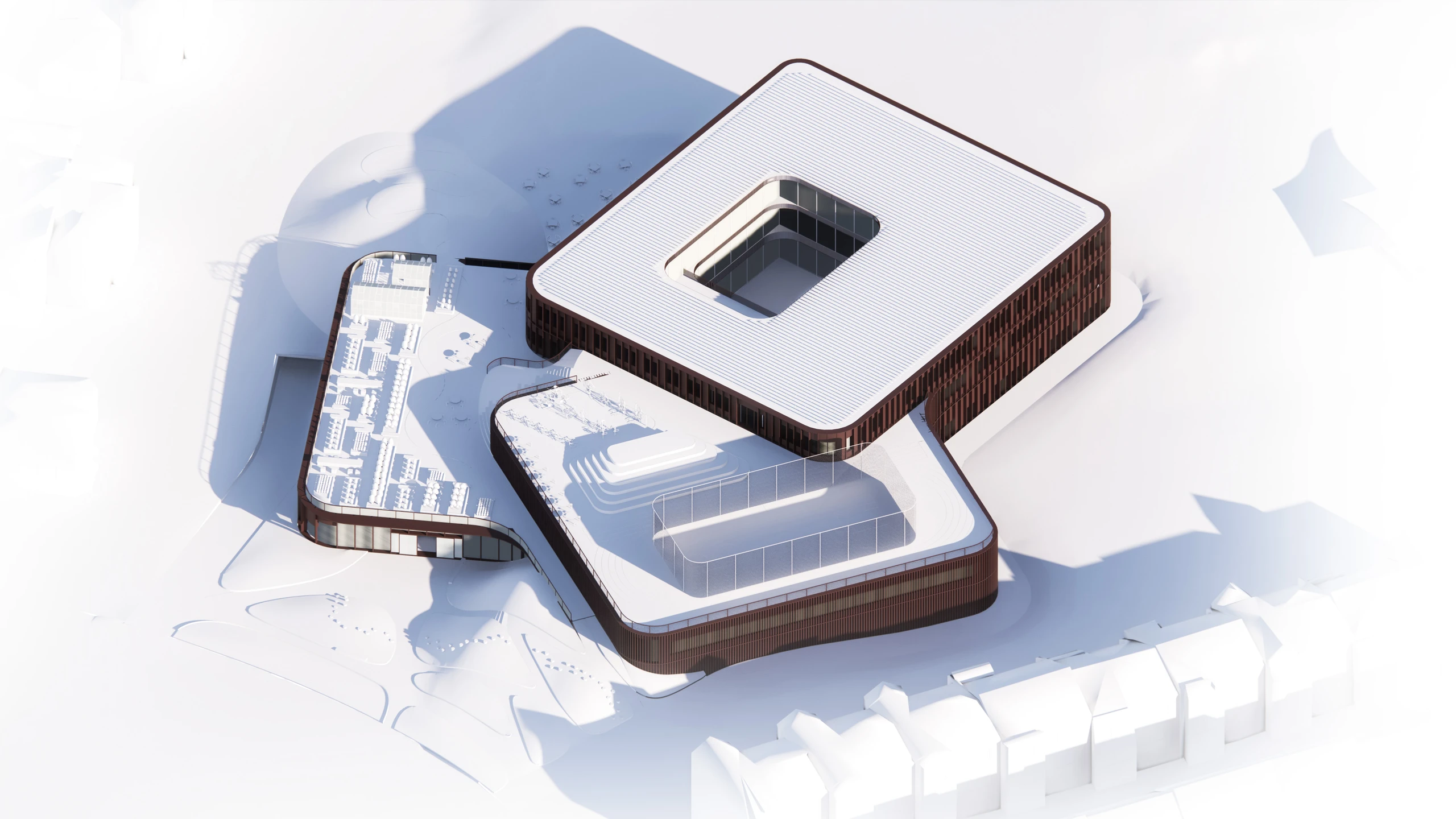 Complete source facade axonometric of the teaching block above shared school facilities