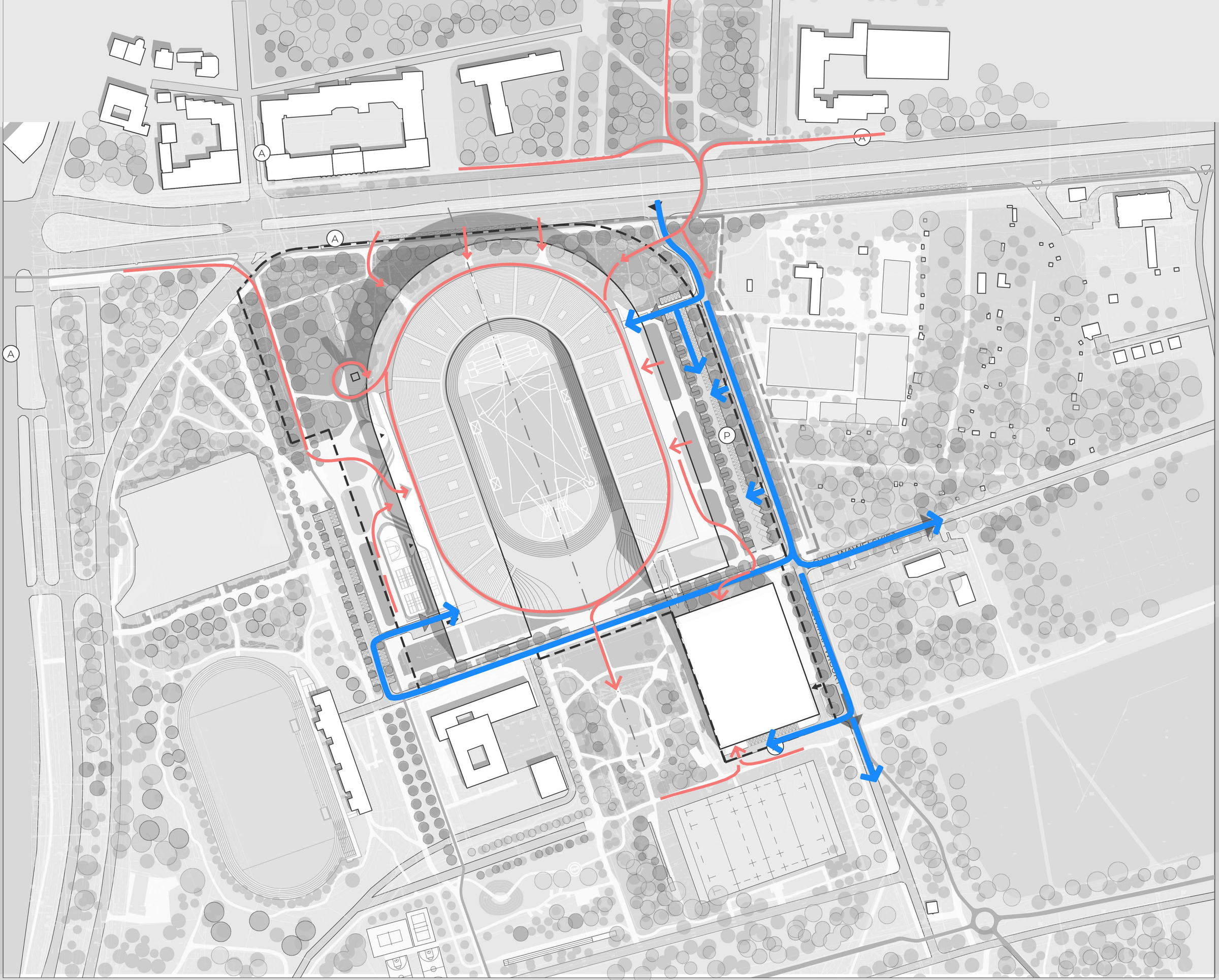 Complete SKRA site access diagram distinguishing pedestrian and vehicle routes