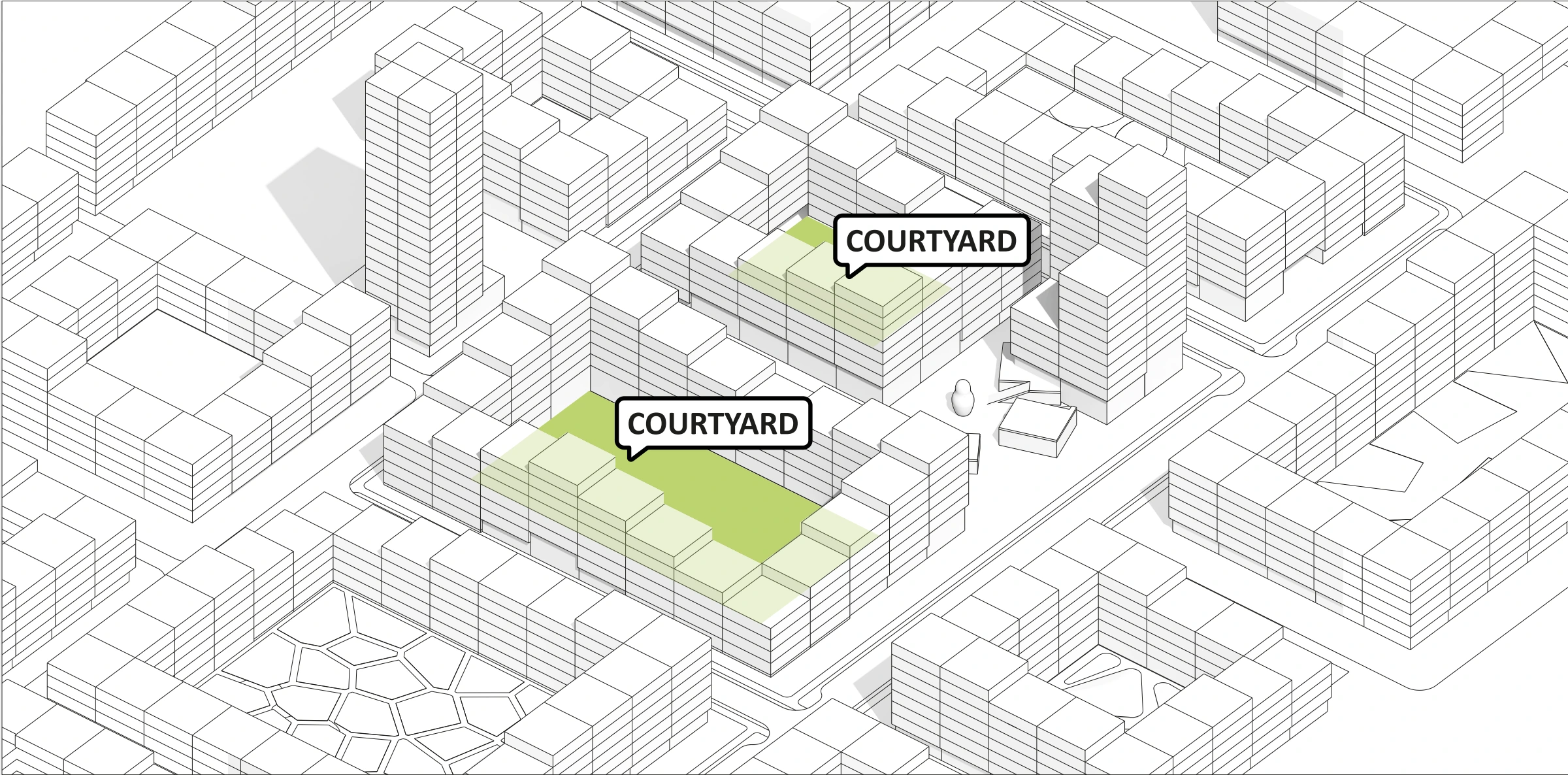 Axonometric diagram highlighting residential courtyards