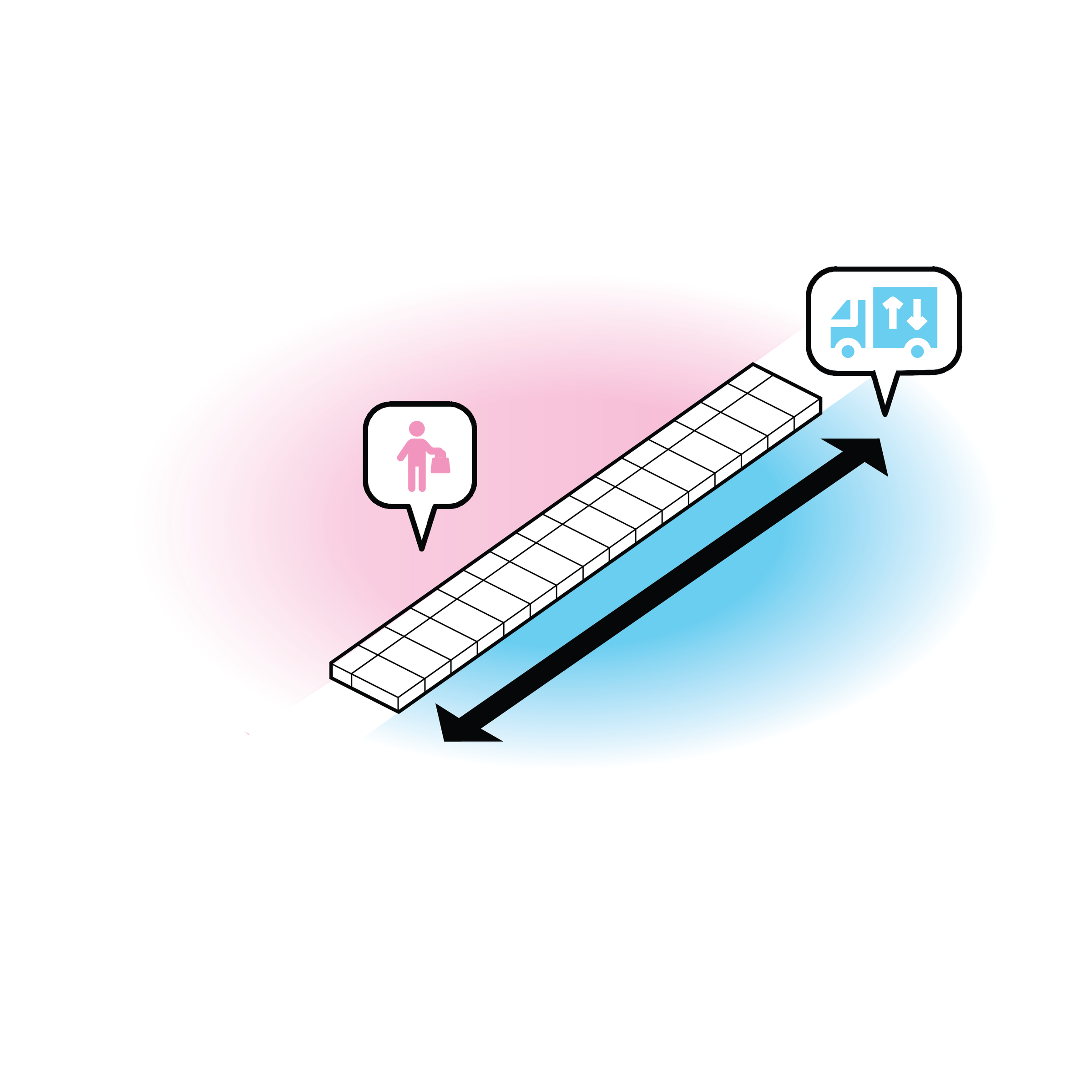 Complete strip-typology diagram separating a public side from a logistics side