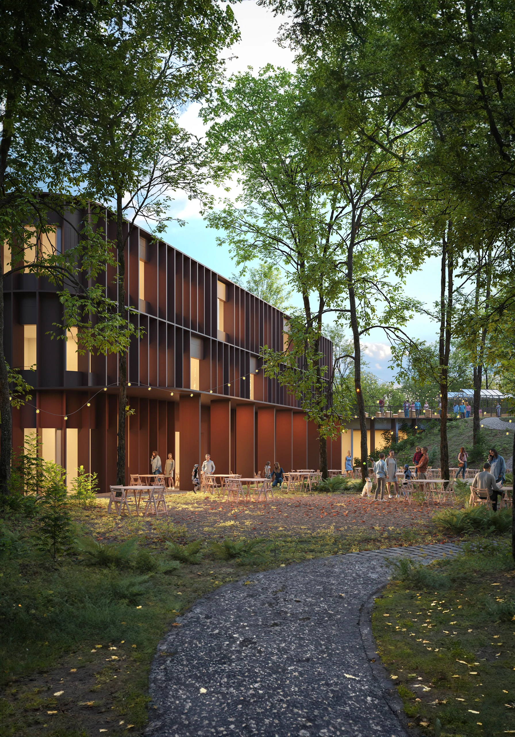 Portrait concept render of the forest-facing outdoor canteen and terrace of the proposed school