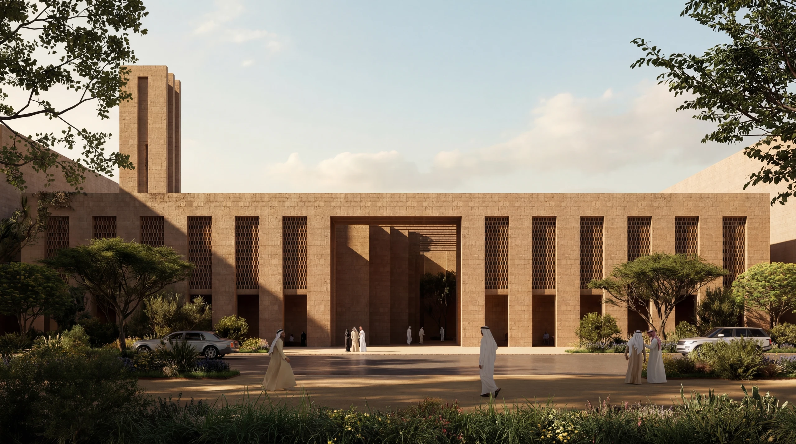 Latest frontal render of AWFA Mosque showing the minaret, rhythmic enclosure and planted approach