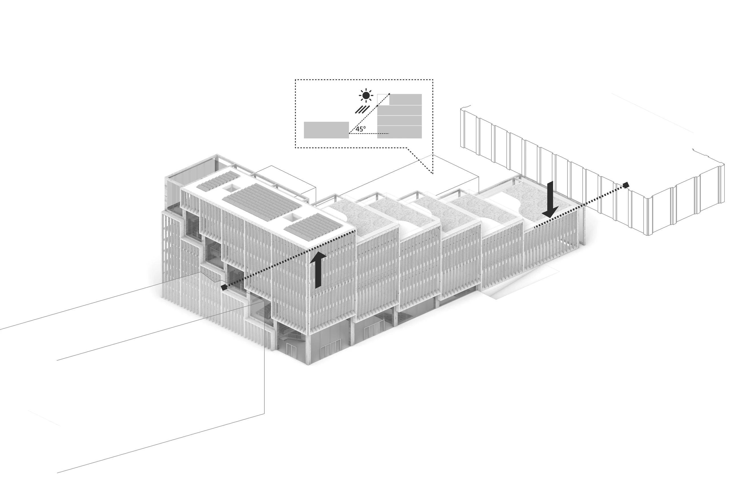 A stepped form shaped around light