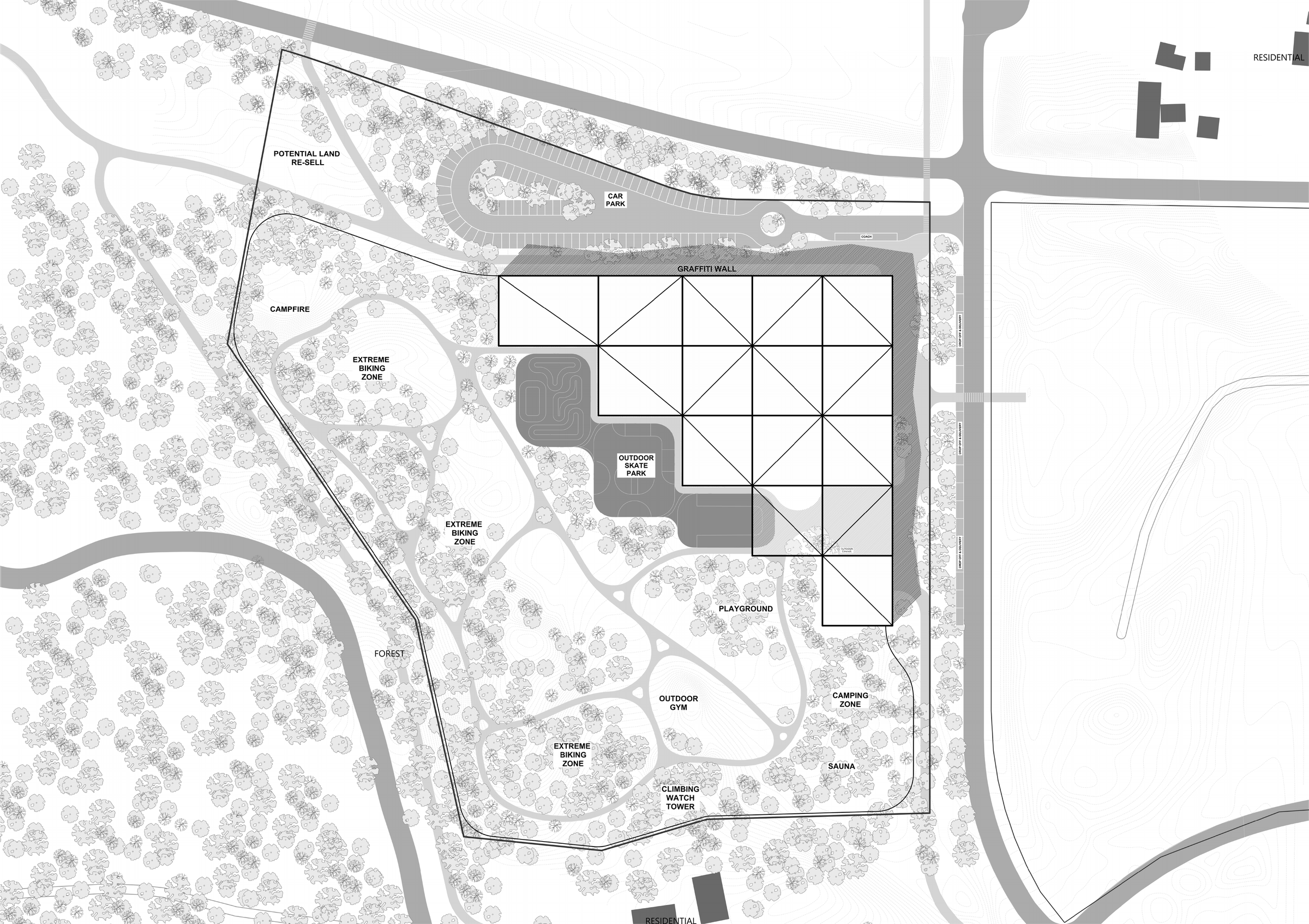 Complete source masterplan showing the sports hall and outdoor landscape